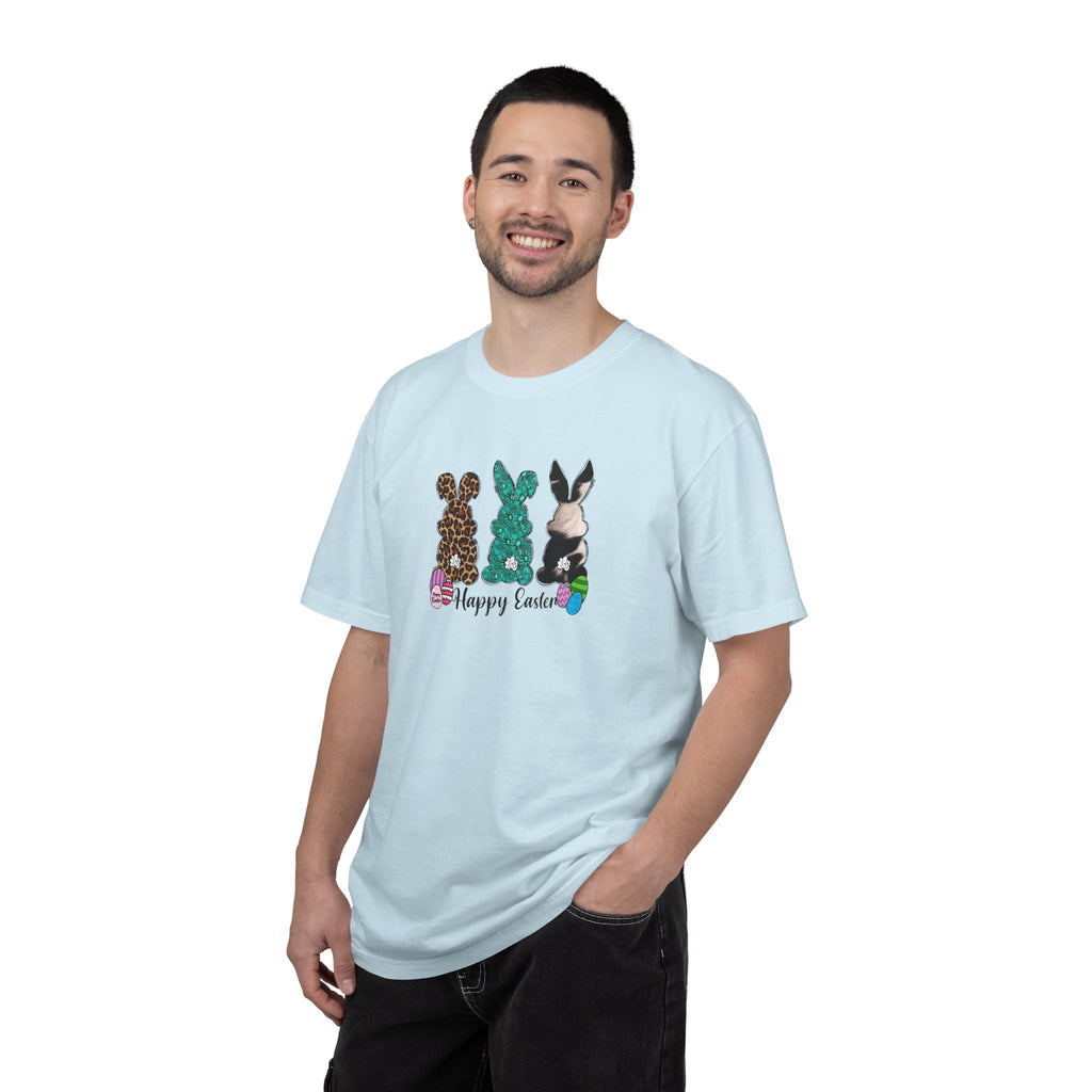 Easter Bunny Trio T-Shirt — "Happy Easter" Pastel Eggs Graphic