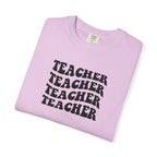 Teacher Repeat Graphic T-Shirt — Retro Stacked "Teacher" Tee