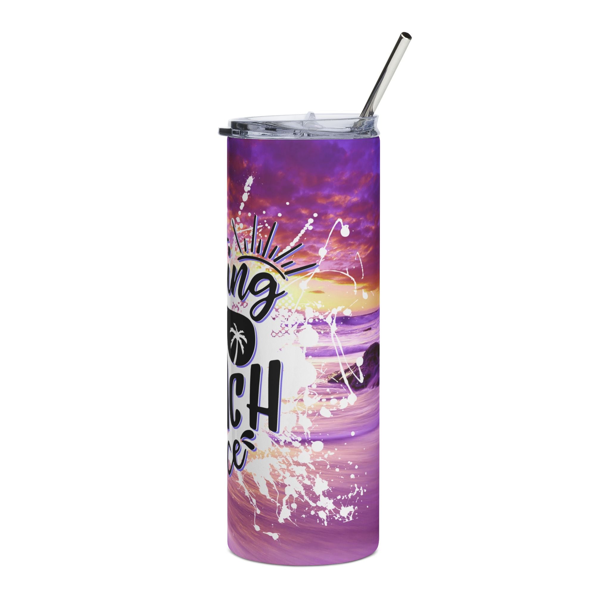 20oz Stainless Tumbler — 'Resting Beach Face' Purple Sunset Design
