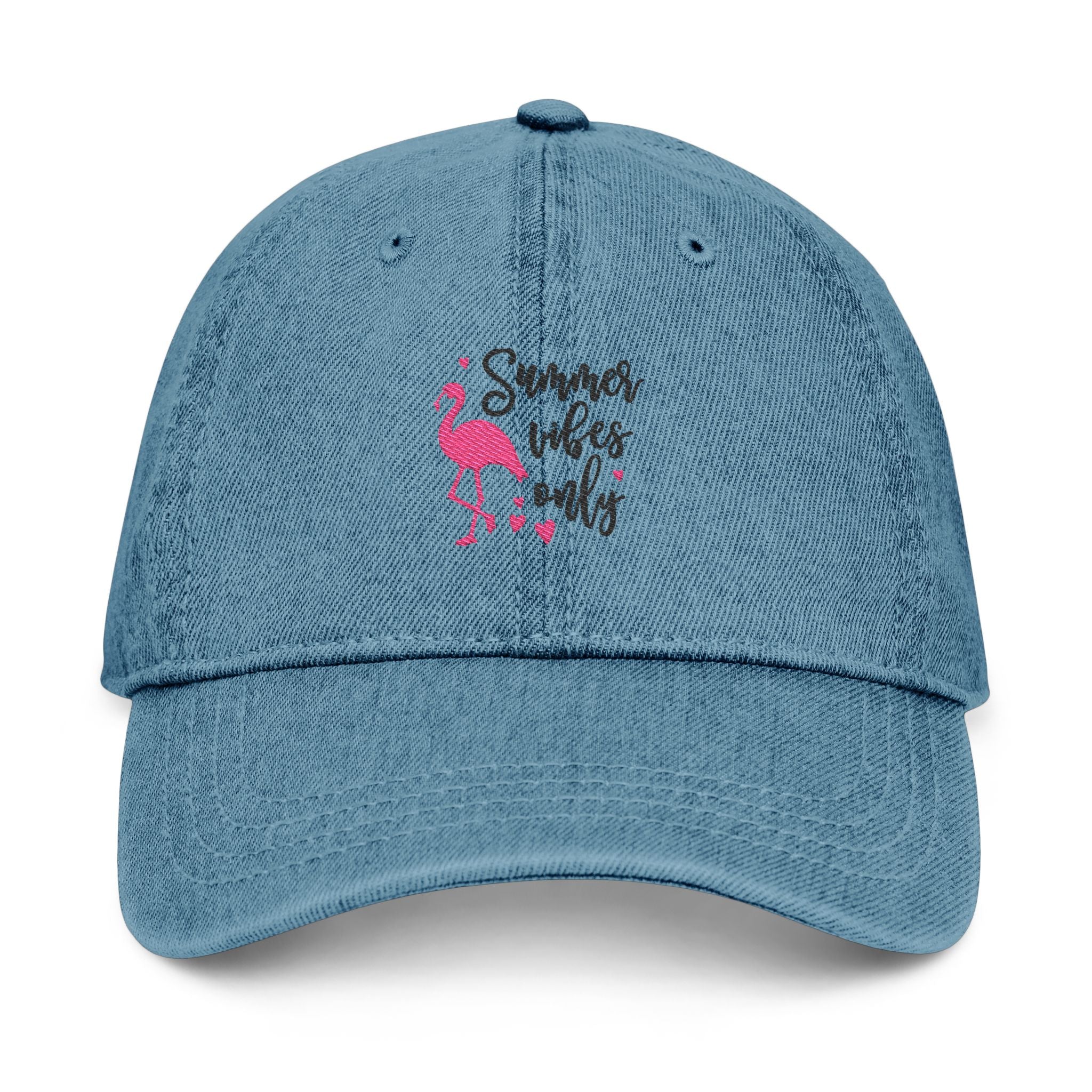Embroidered Denim Hat "Summer Vibes Only" - Pink Flamingo Cap