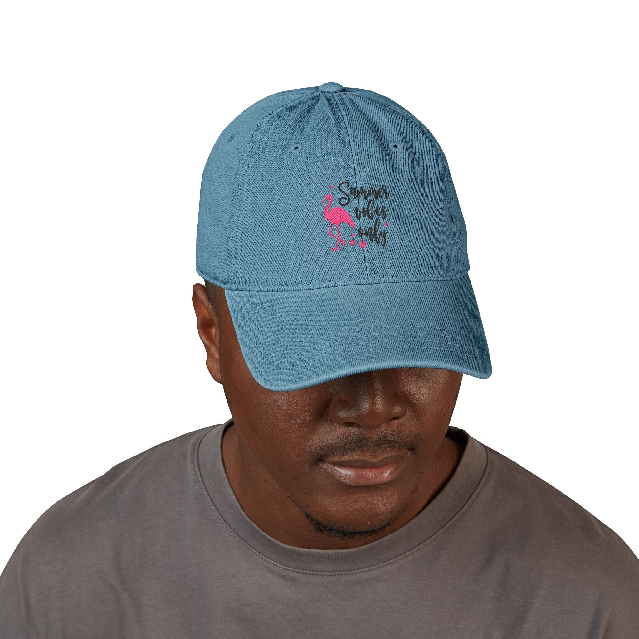 Embroidered Denim Hat "Summer Vibes Only" - Pink Flamingo Cap