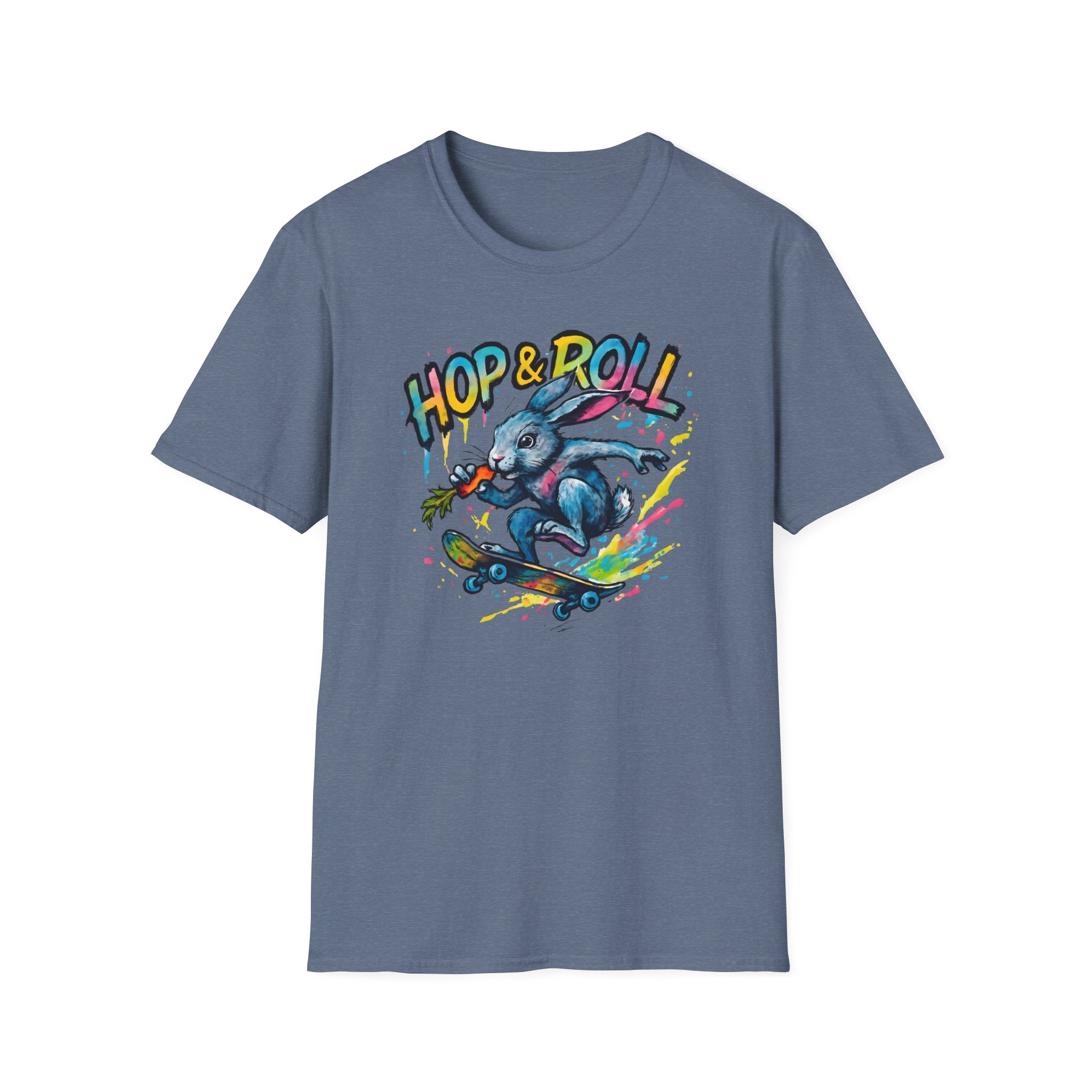 Hop & Roll Skateboard Bunny T-Shirt — Skateboarder Easter Graphic Tee