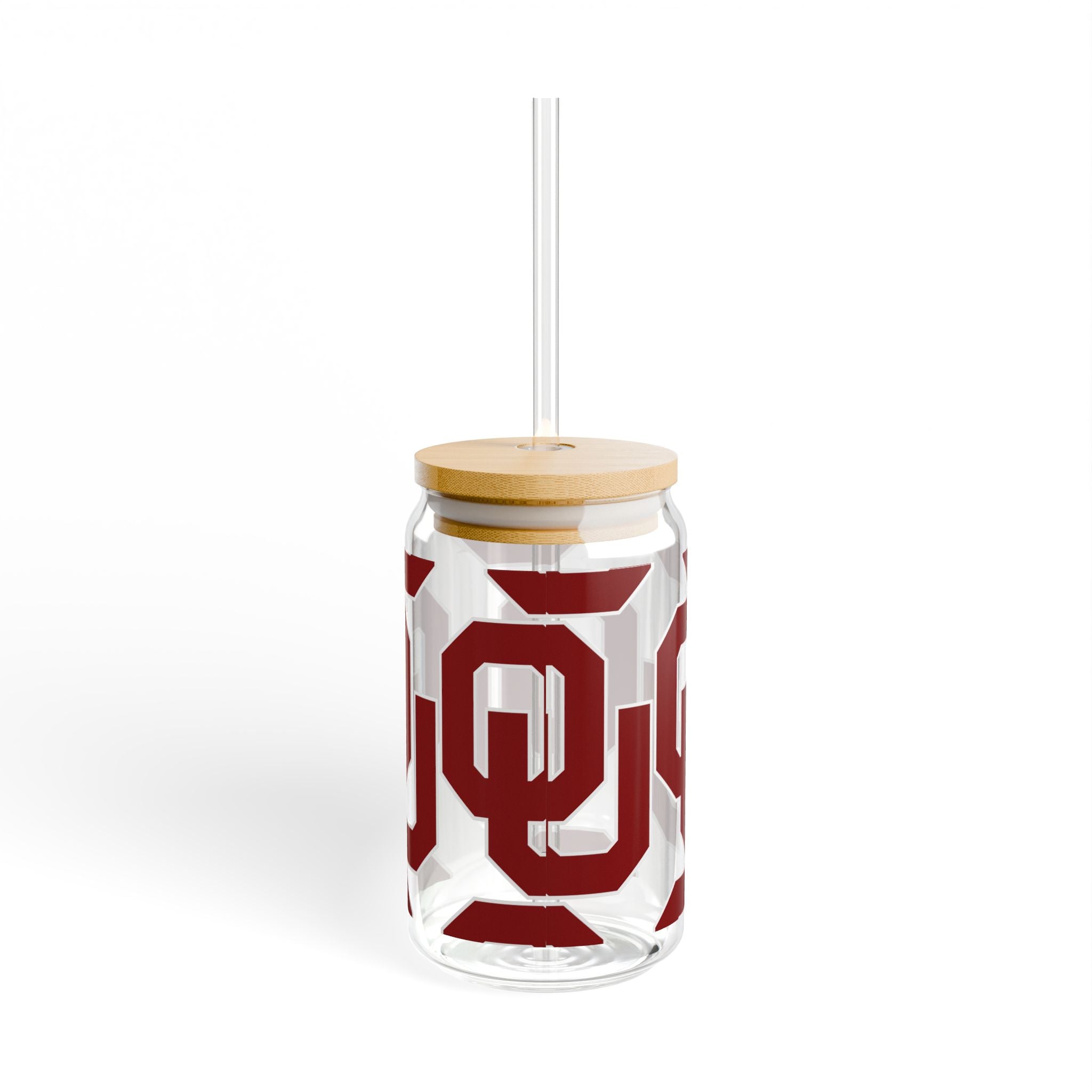 OU Logo 16oz Glass Sipper with Bamboo Lid — Oklahoma Sooners Drink Tumbler