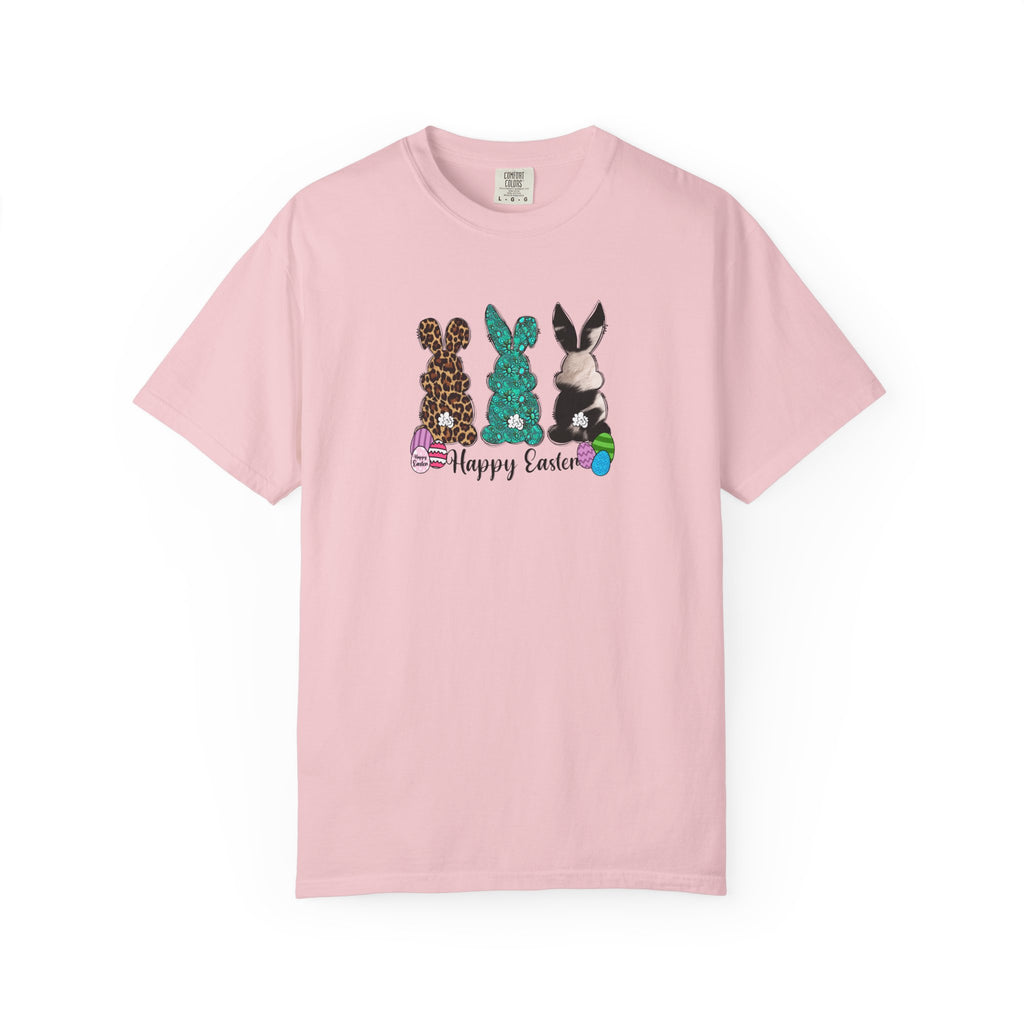 Easter Bunny Trio T-Shirt — "Happy Easter" Pastel Eggs Graphic
