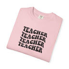Teacher Repeat Graphic T-Shirt — Retro Stacked "Teacher" Tee