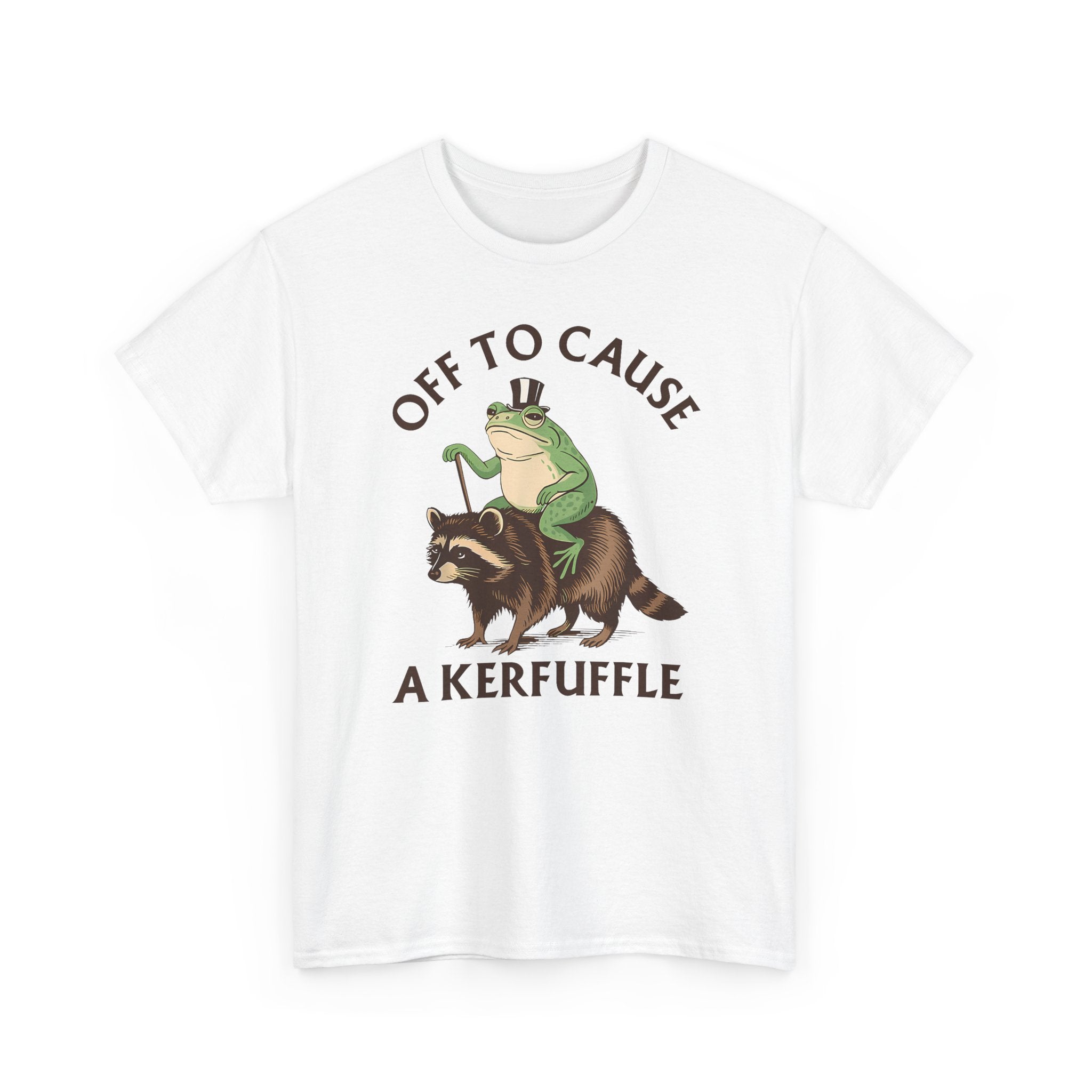 Off to Cause a Kerfuffle T-Shirt — Funny Frog Riding Raccoon Graphic Tee