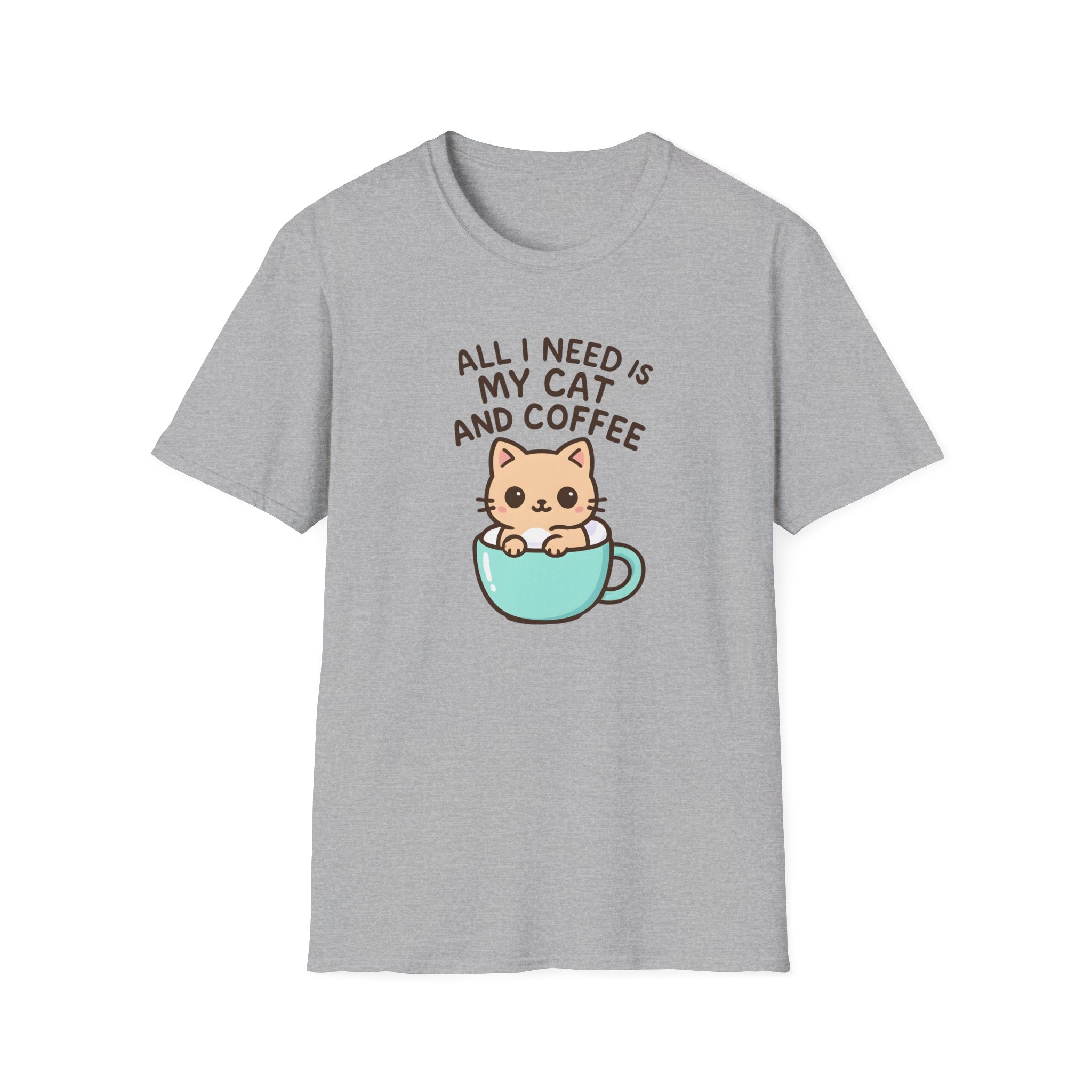Cat and Coffee T‑Shirt — "All I Need Is My Cat and Coffee" Cute Cat in Mug Tee