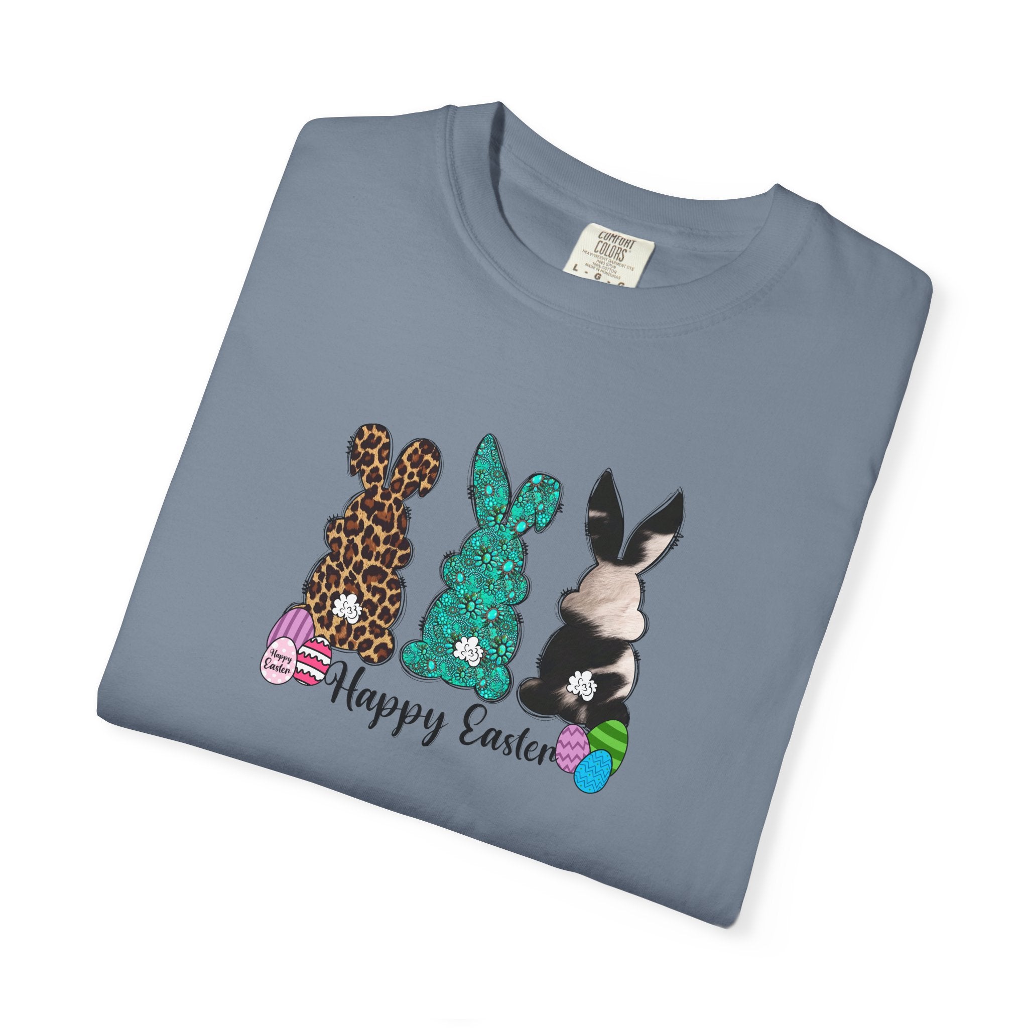 Easter Bunny Trio T-Shirt — "Happy Easter" Pastel Eggs Graphic