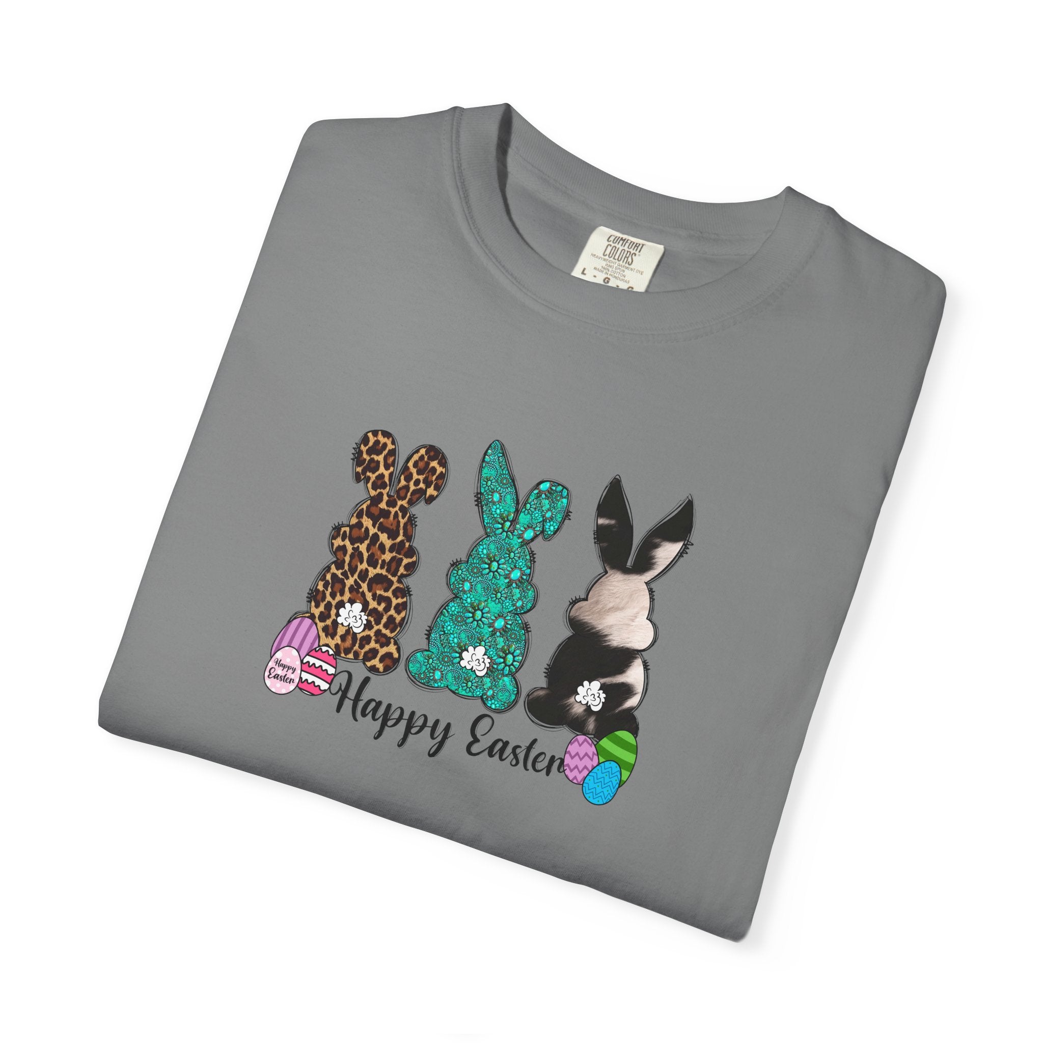 Easter Bunny Trio T-Shirt — "Happy Easter" Pastel Eggs Graphic