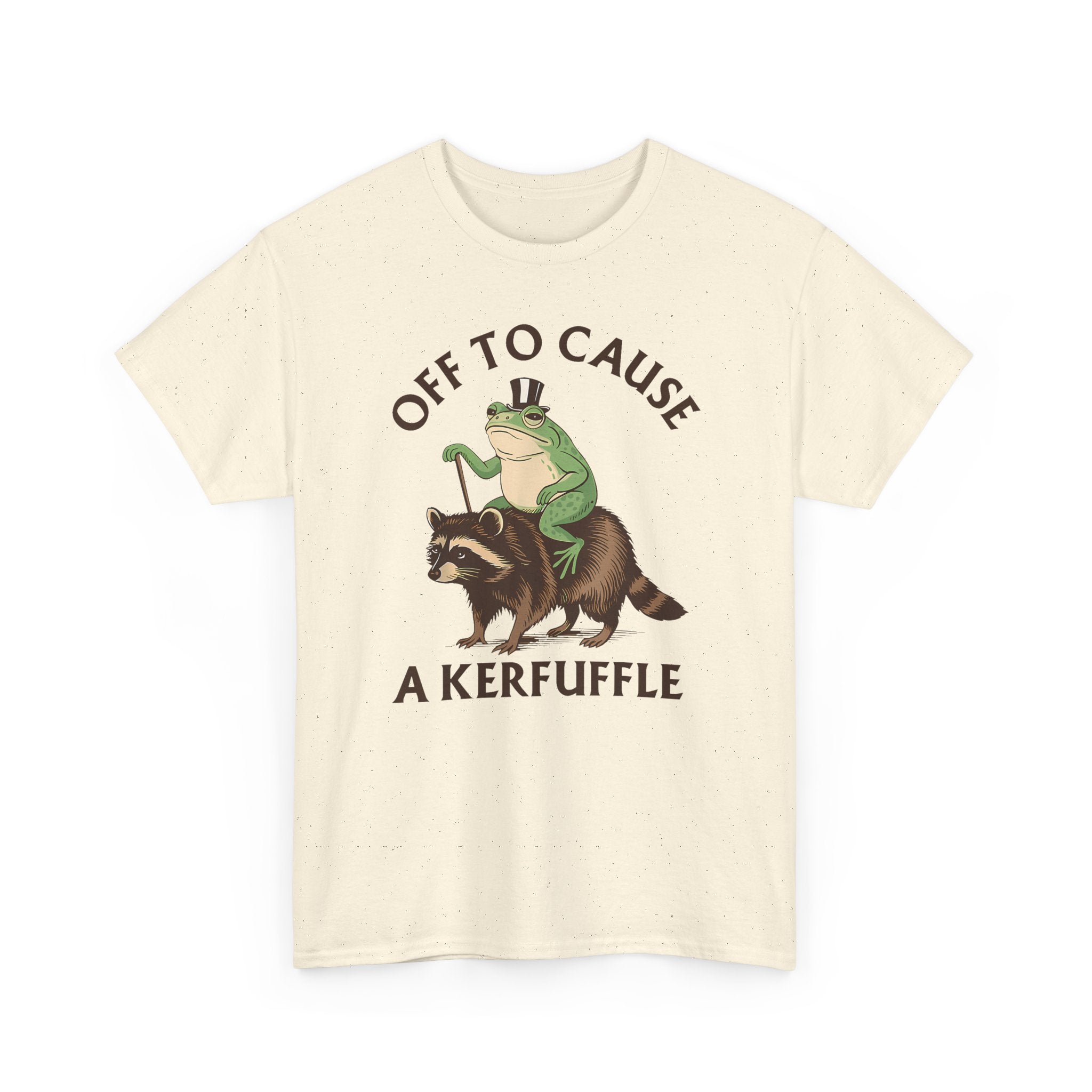 Off to Cause a Kerfuffle T-Shirt — Funny Frog Riding Raccoon Graphic Tee