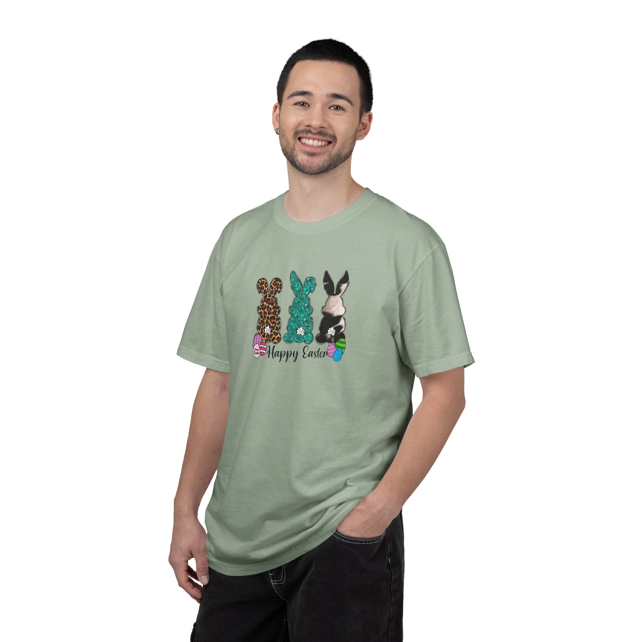 Easter Bunny Trio T-Shirt — "Happy Easter" Pastel Eggs Graphic