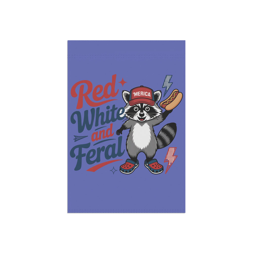 Red, White and Feral Garden Flag — Patriotic Raccoon House Banner