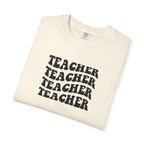 Teacher Repeat Graphic T-Shirt — Retro Stacked "Teacher" Tee