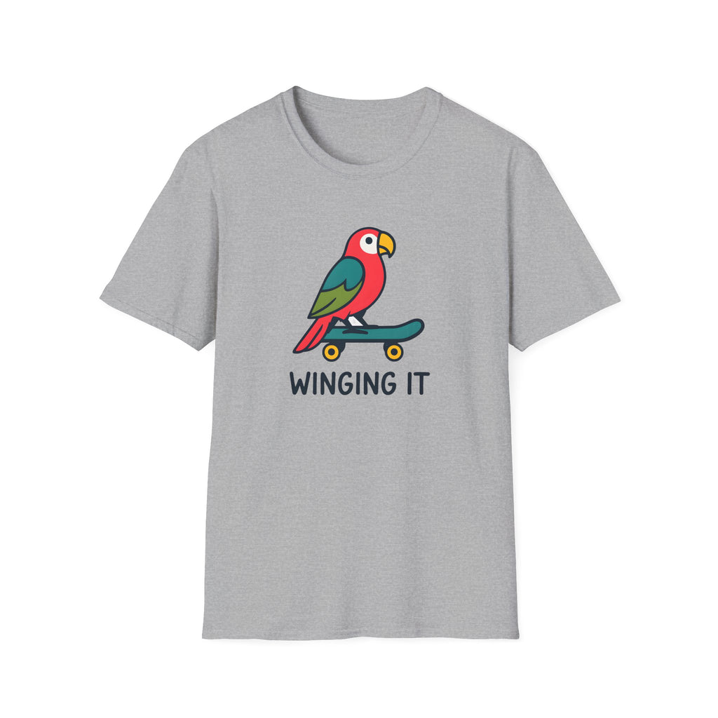 Winging It Parrot T-Shirt — Cute Skateboard Bird Graphic Tee