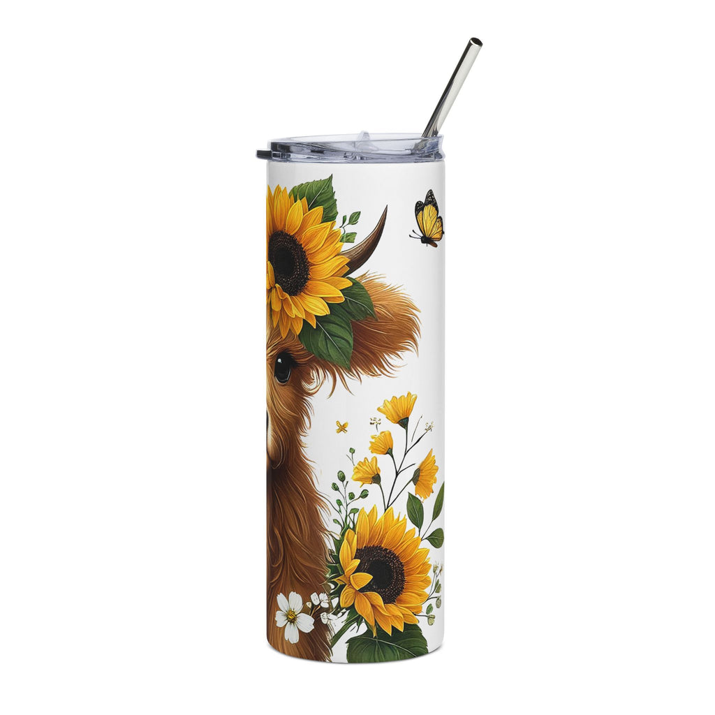 20oz Sunrise Cow Tumbler — Sunflower Highland Cow Stainless Steel Travel Cup