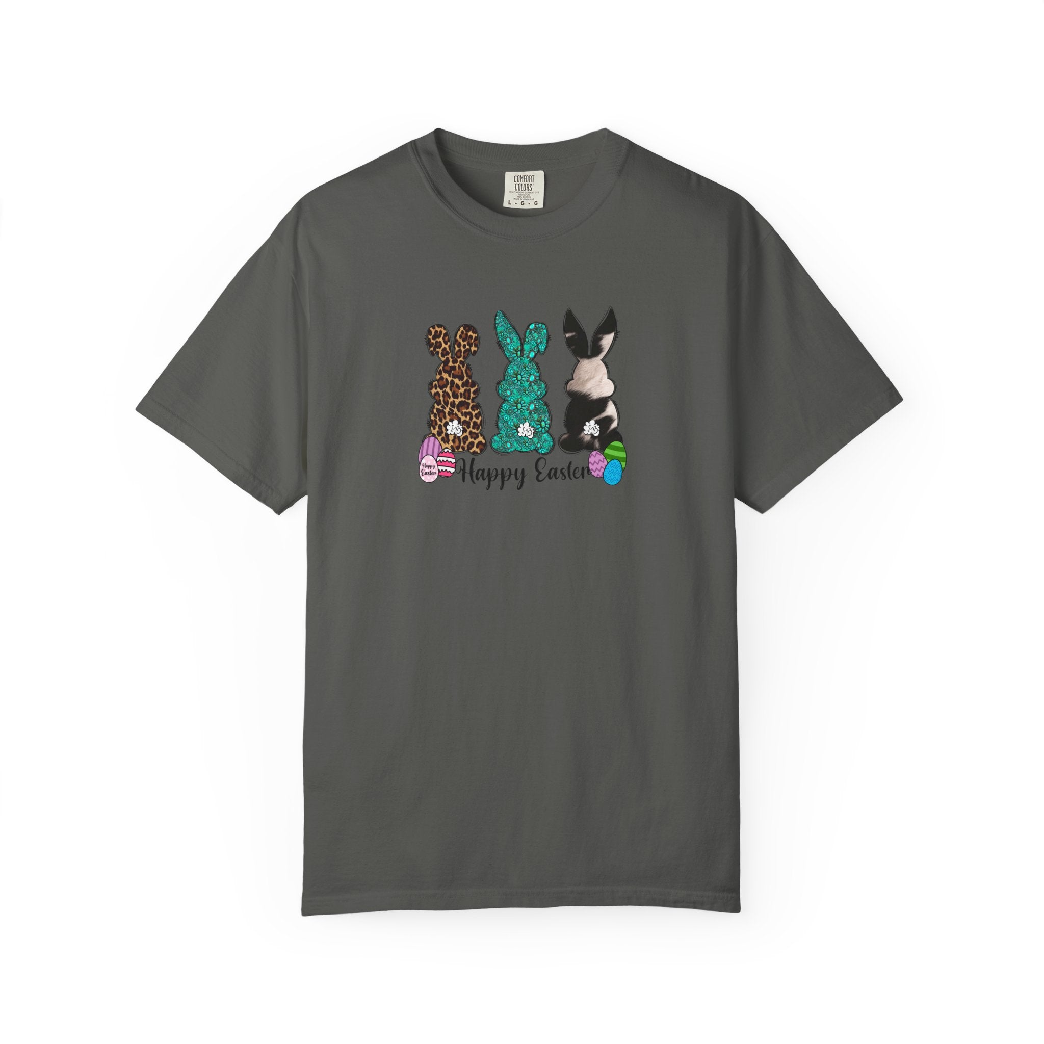 Easter Bunny Trio T-Shirt — "Happy Easter" Pastel Eggs Graphic