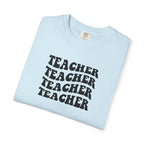 Teacher Repeat Graphic T-Shirt — Retro Stacked "Teacher" Tee