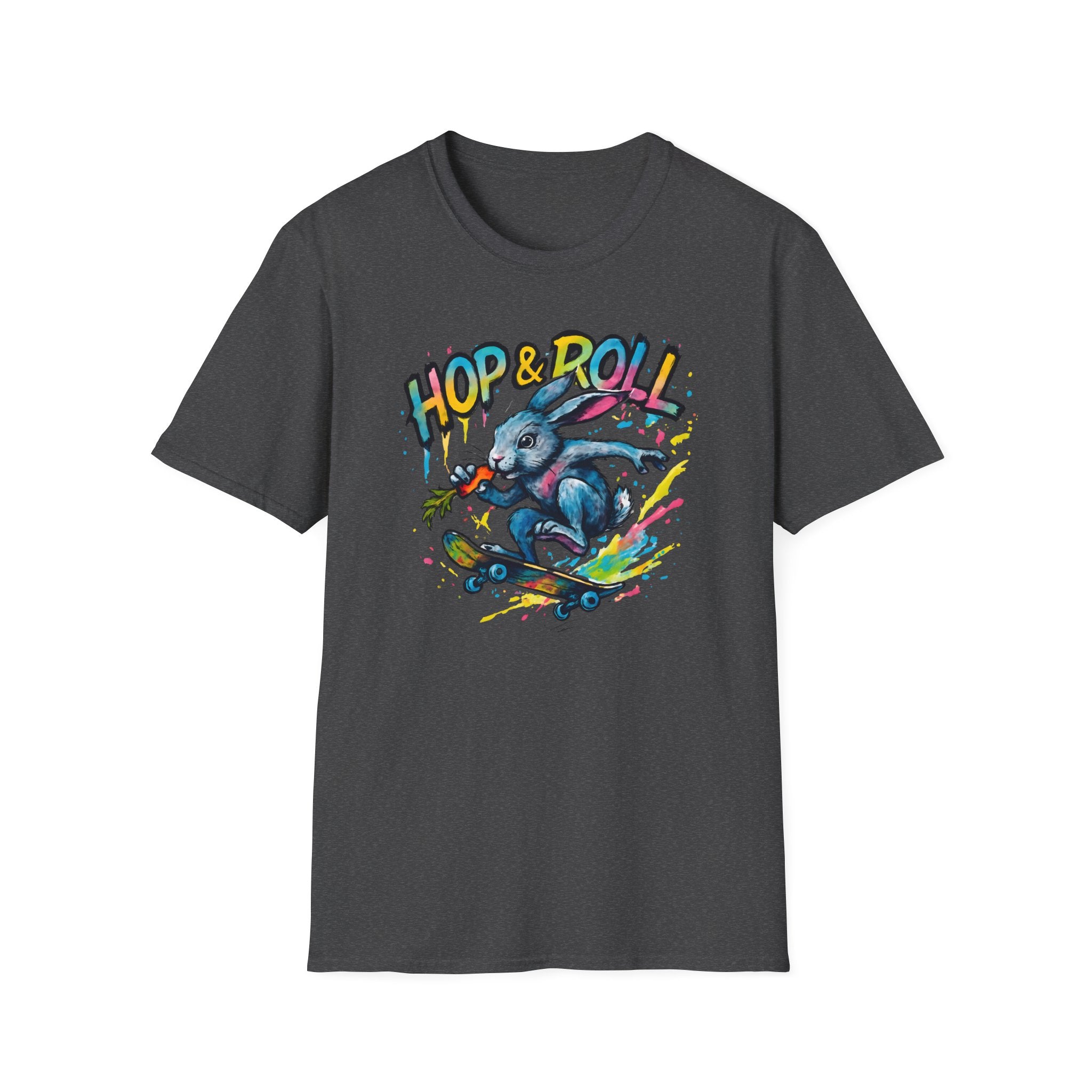 Hop & Roll Skateboard Bunny T-Shirt — Skateboarder Easter Graphic Tee