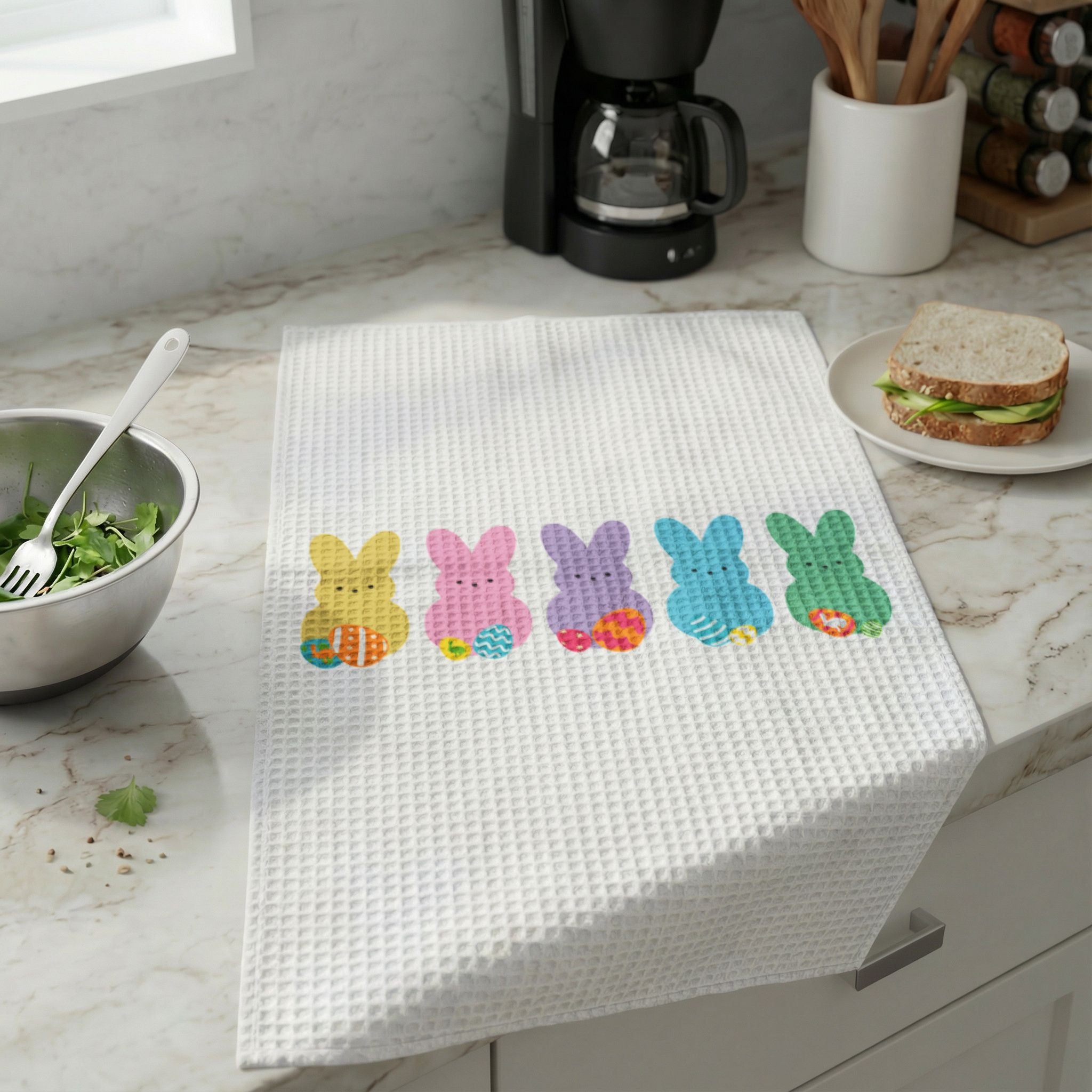 Easter Bunny Row Waffle Weave Kitchen Hand Towel
