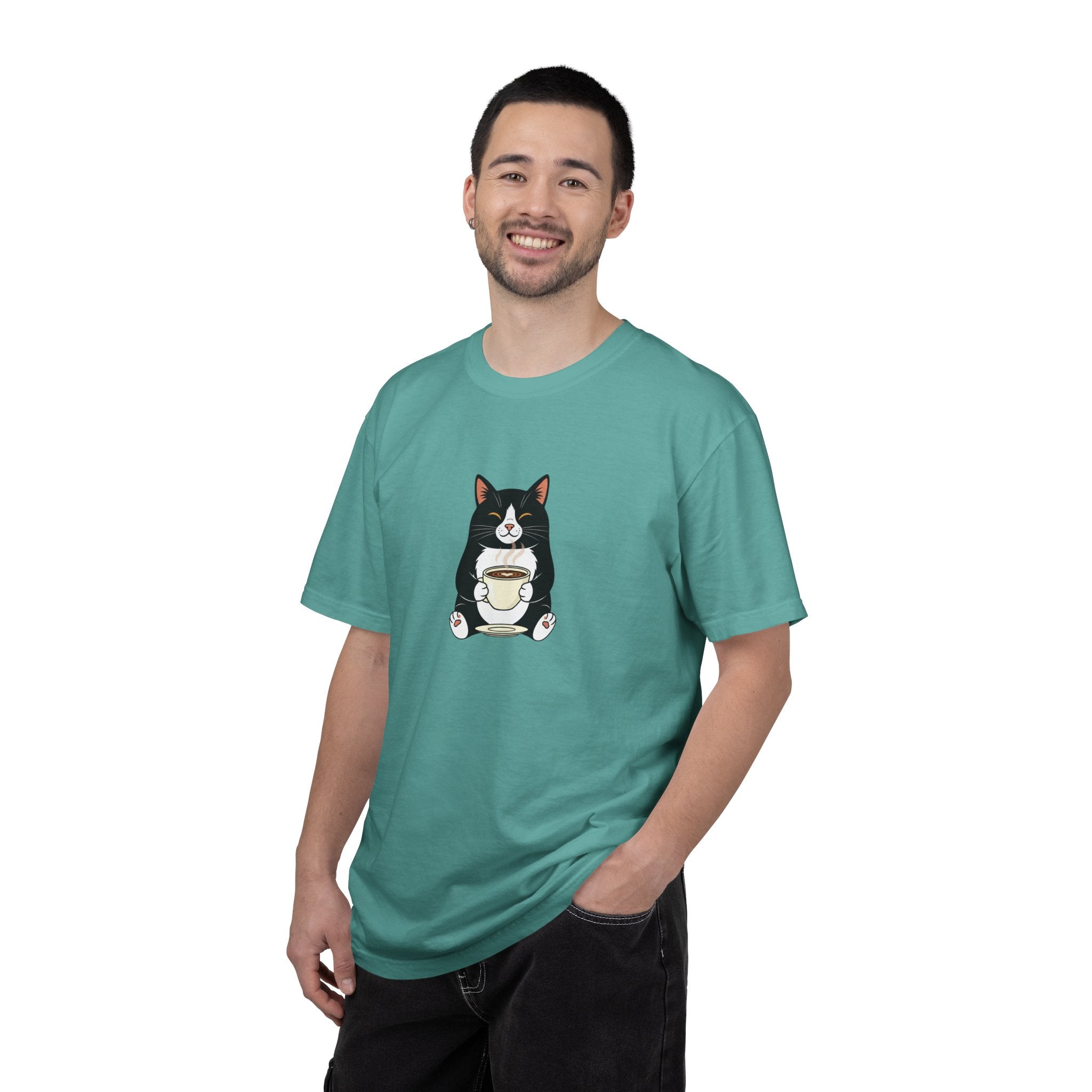 Tuxedo Cat Holding Coffee T-Shirt