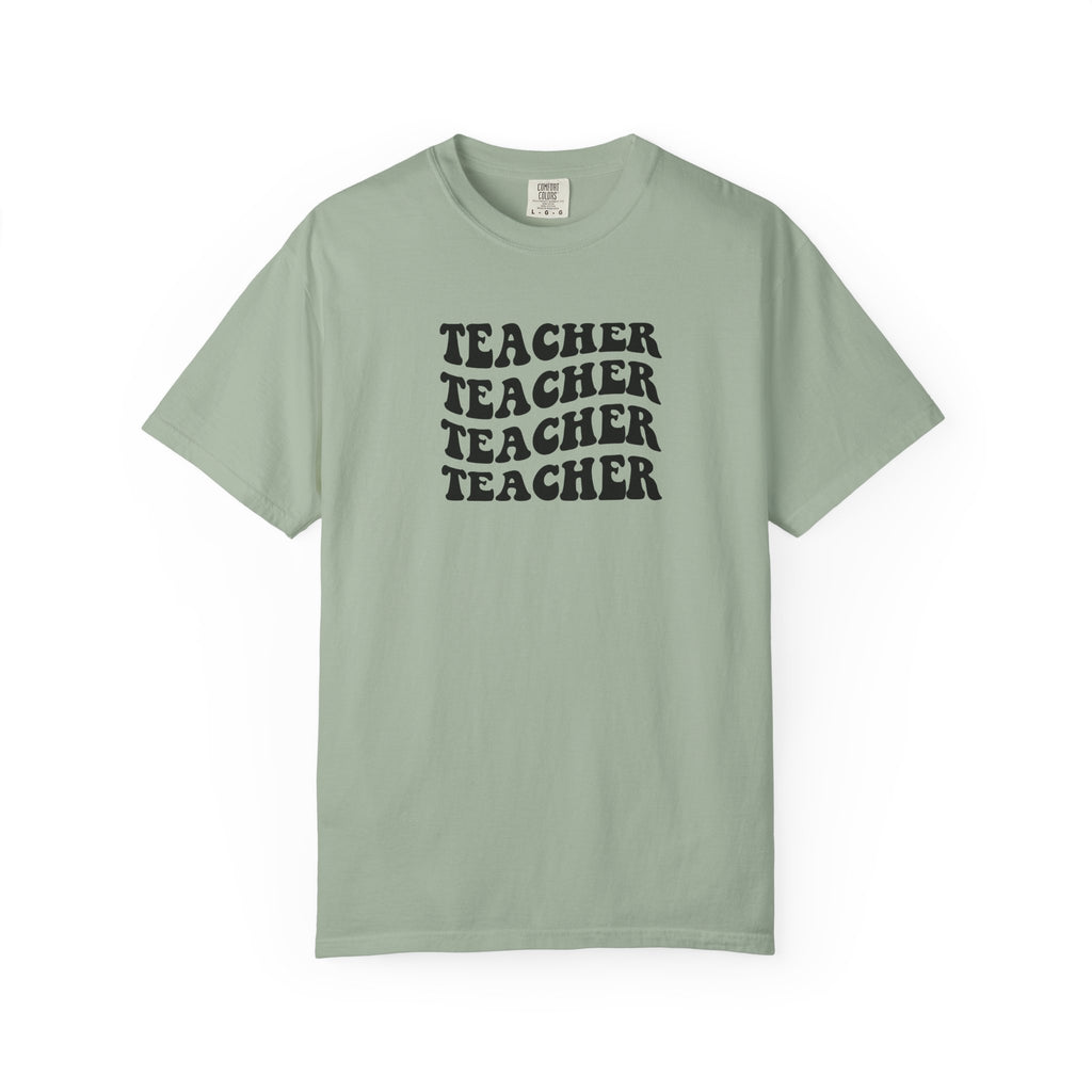Teacher Repeat Graphic T-Shirt — Retro Stacked "Teacher" Tee
