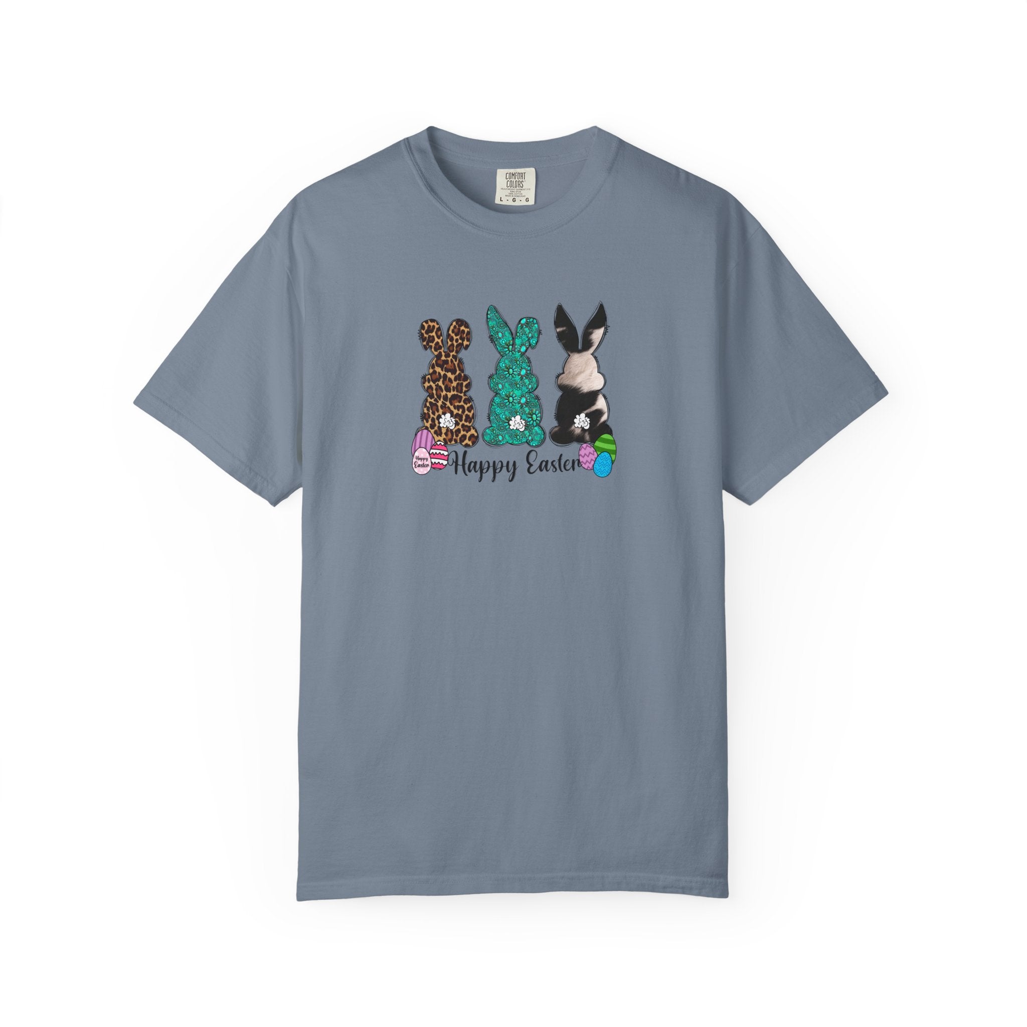 Easter Bunny Trio T-Shirt — "Happy Easter" Pastel Eggs Graphic
