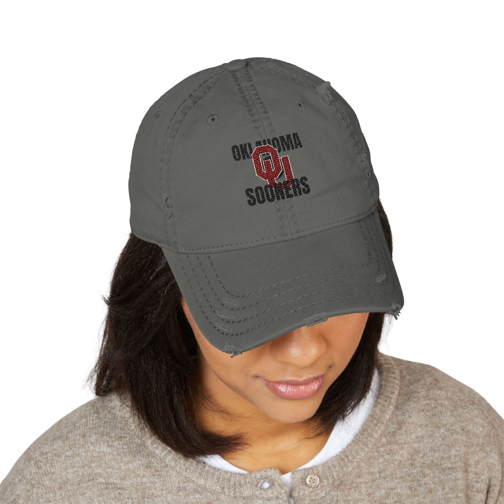 Distressed Embroidered OU Sooners Dad Hat — Vintage Oklahoma Baseball Cap