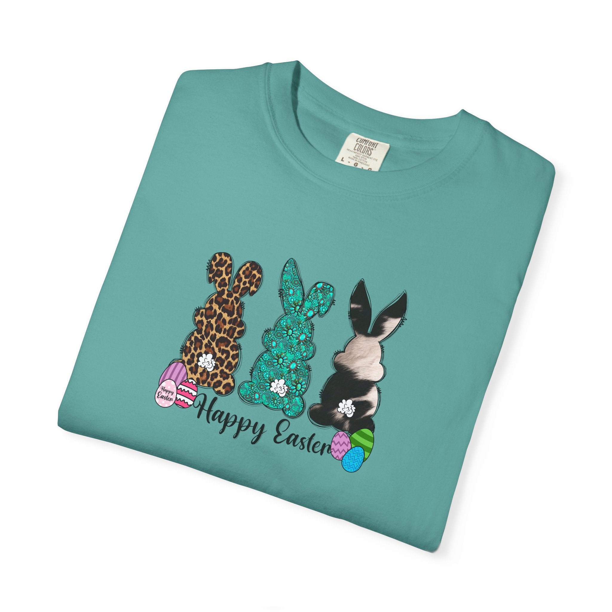 Easter Bunny Trio T-Shirt — "Happy Easter" Pastel Eggs Graphic