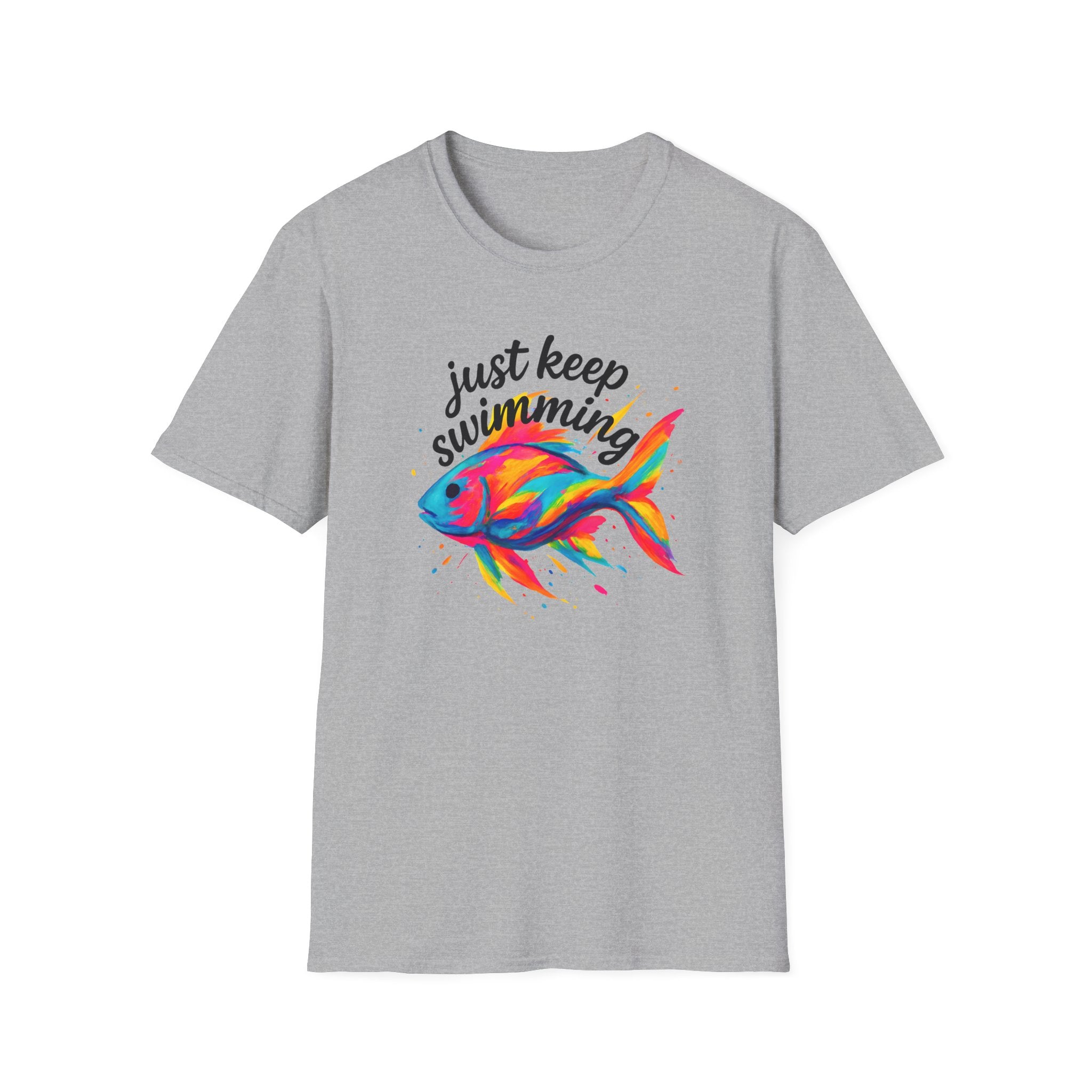 Just Keep Swimming Fish T-Shirt — Colorful Motivational Ocean Tee