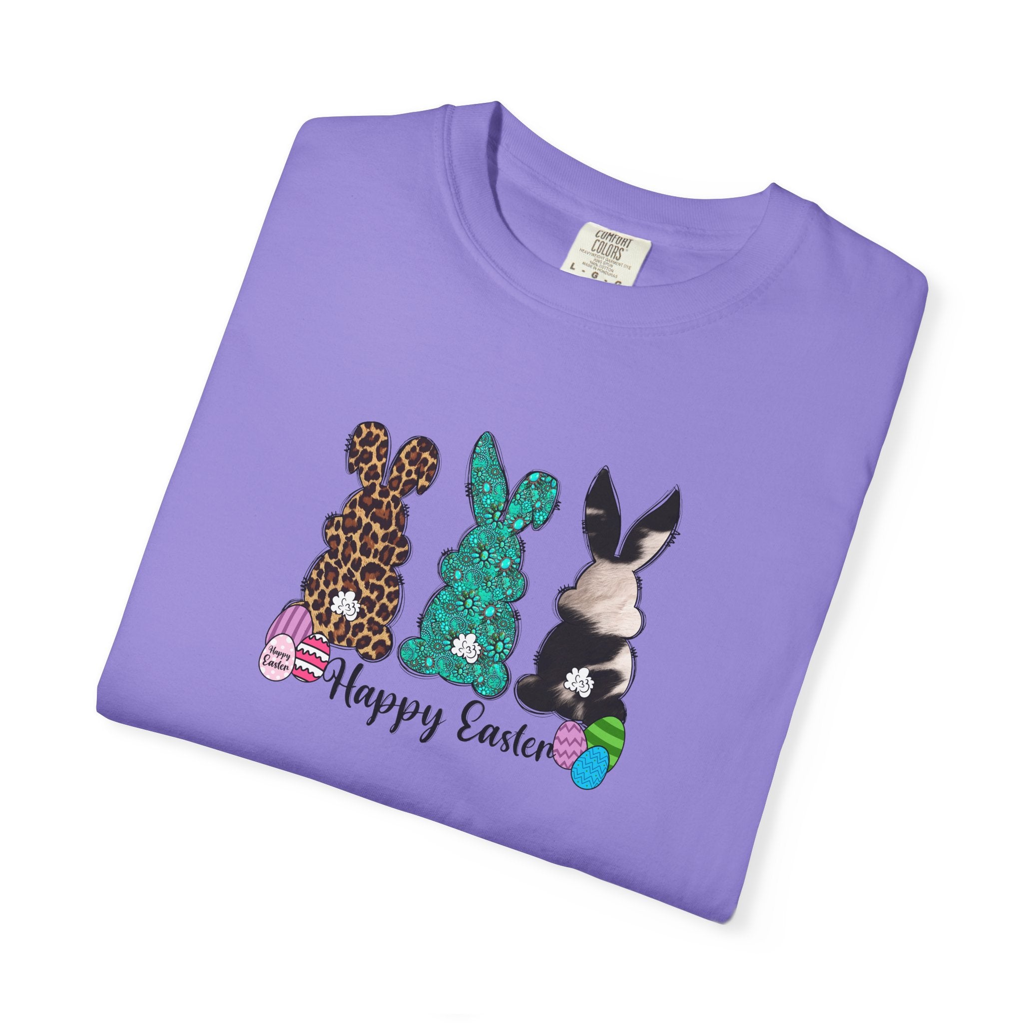 Easter Bunny Trio T-Shirt — "Happy Easter" Pastel Eggs Graphic