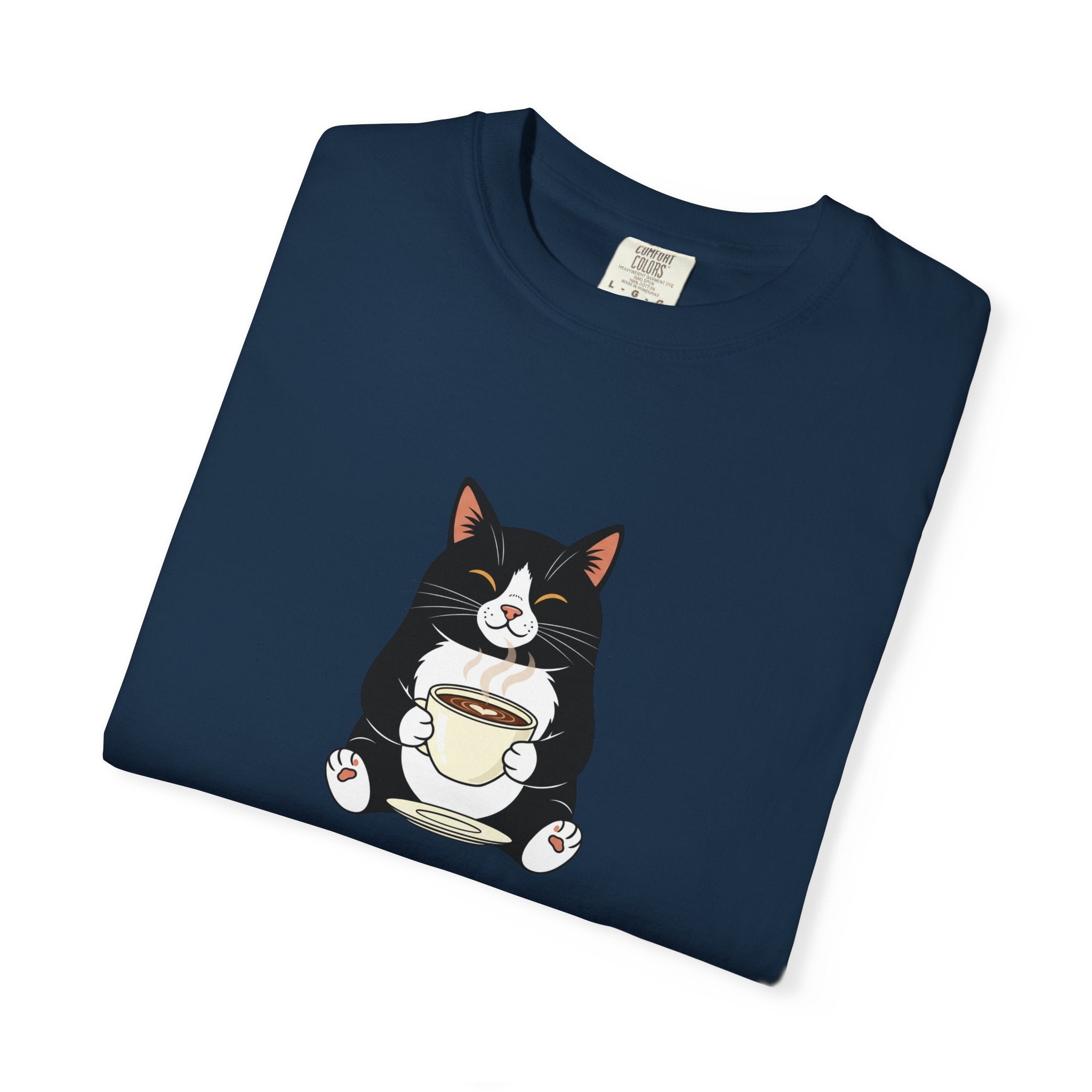Tuxedo Cat Holding Coffee T-Shirt