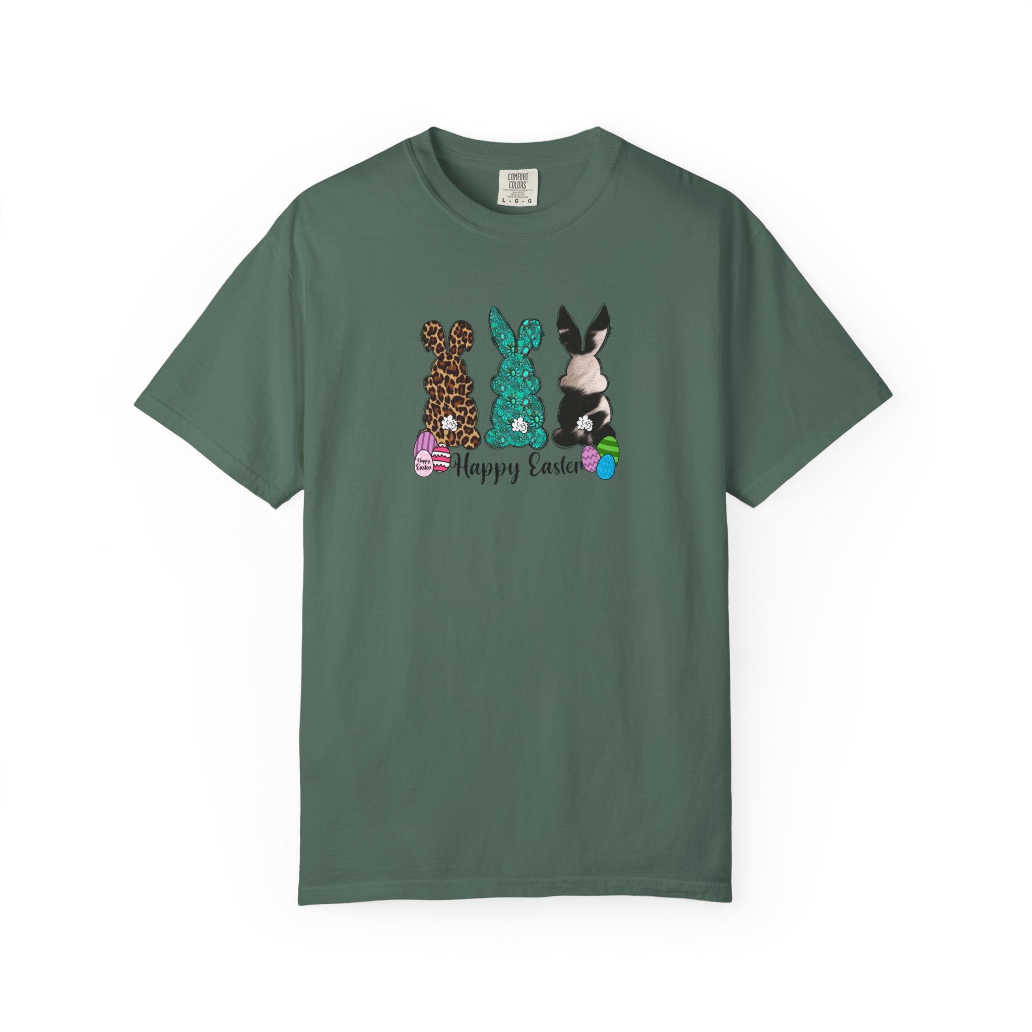 Easter Bunny Trio T-Shirt — "Happy Easter" Pastel Eggs Graphic