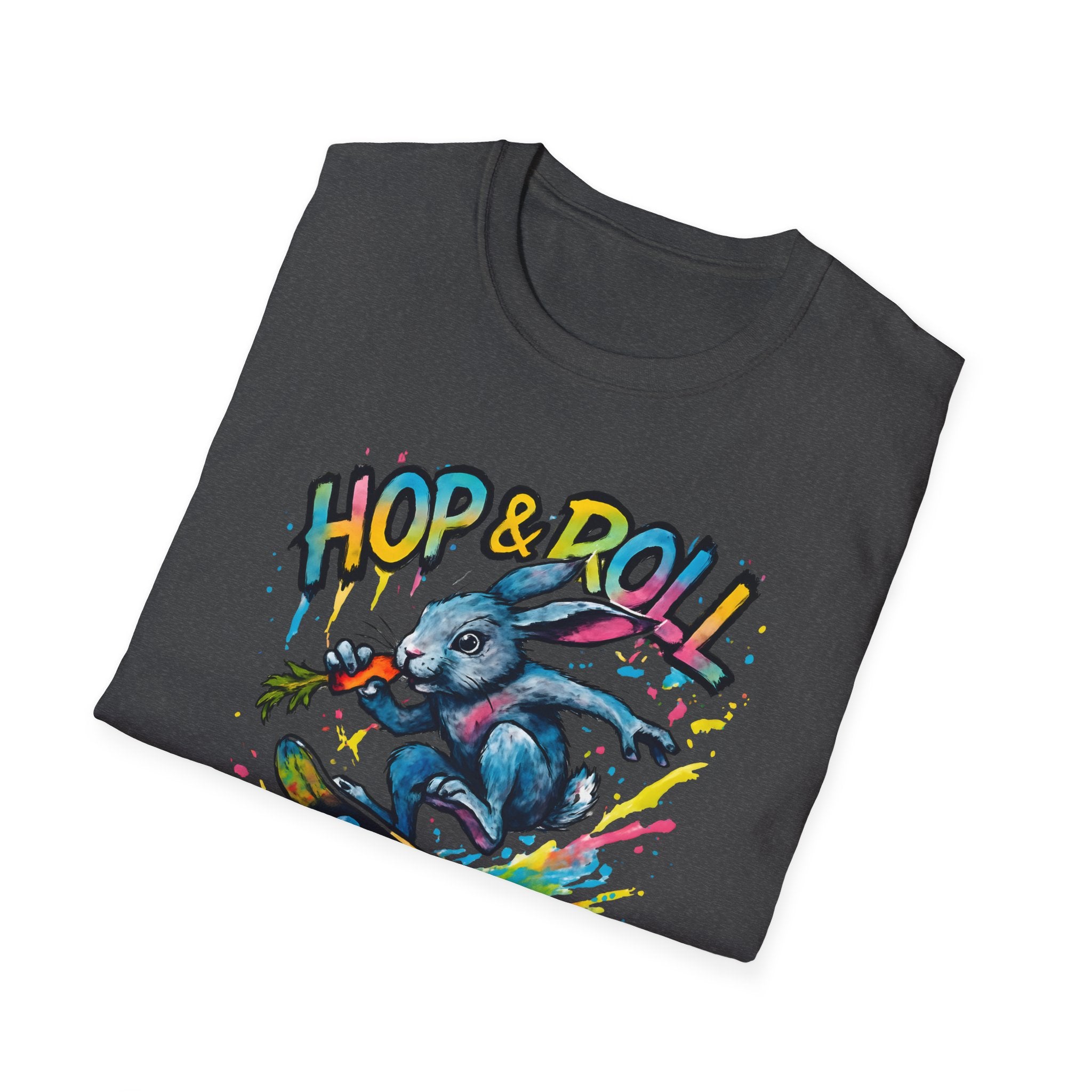 Hop & Roll Skateboard Bunny T-Shirt — Skateboarder Easter Graphic Tee
