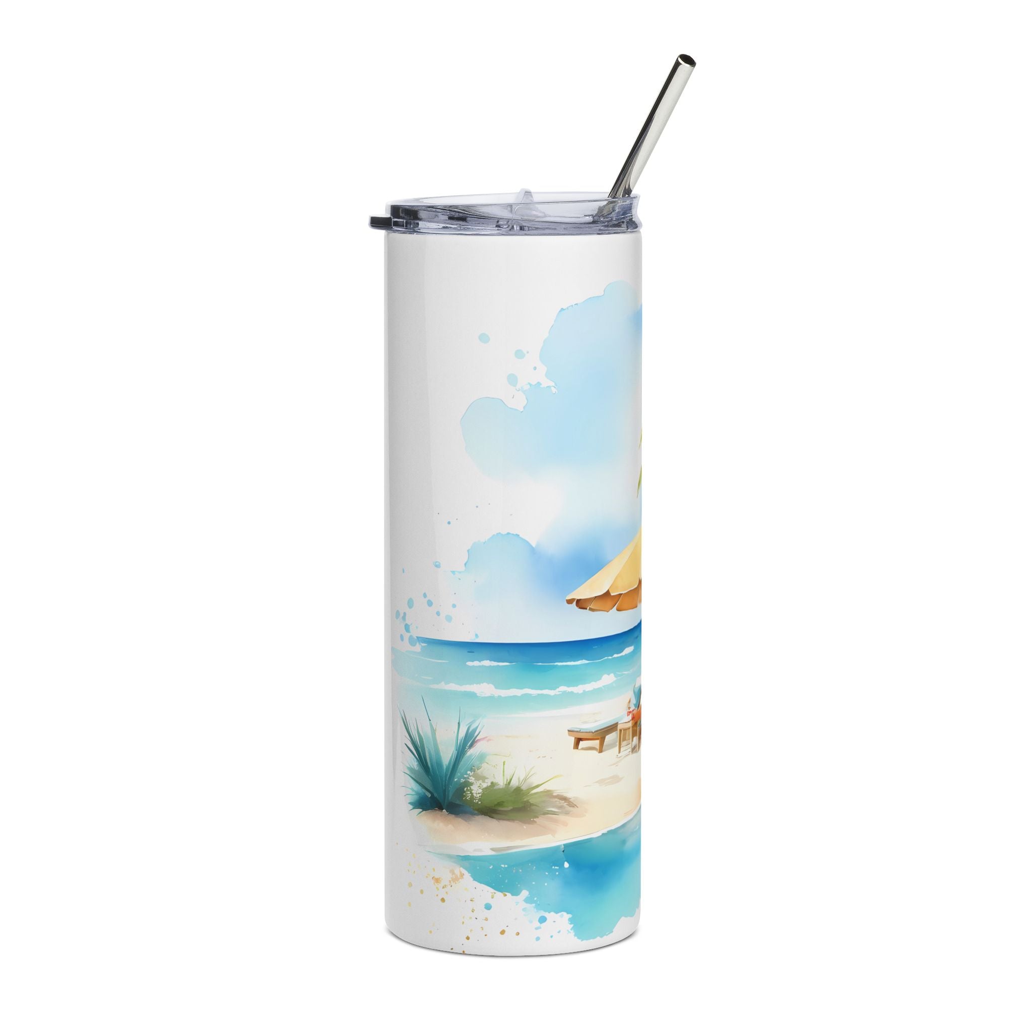Beach Scene 20oz Stainless Steel Tumbler — Palm Trees & Umbrella Travel Mug