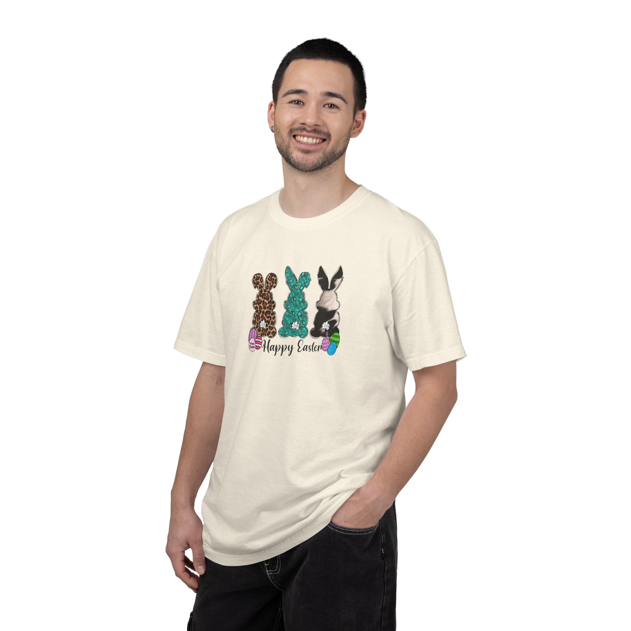 Easter Bunny Trio T-Shirt — "Happy Easter" Pastel Eggs Graphic