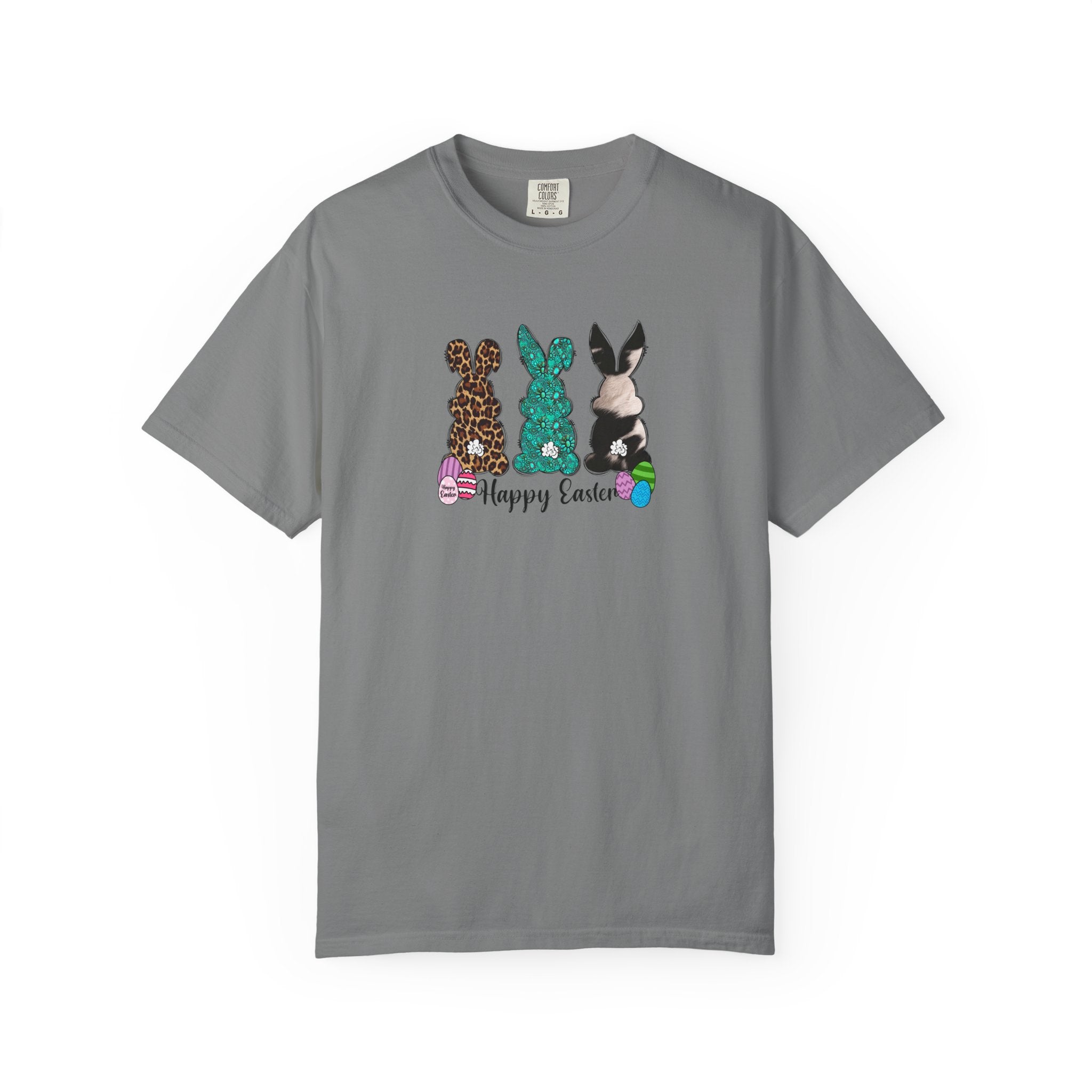 Easter Bunny Trio T-Shirt — "Happy Easter" Pastel Eggs Graphic