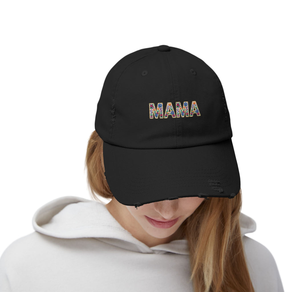 MAMA Distressed Baseball Cap — Floral Patch Mom Hat