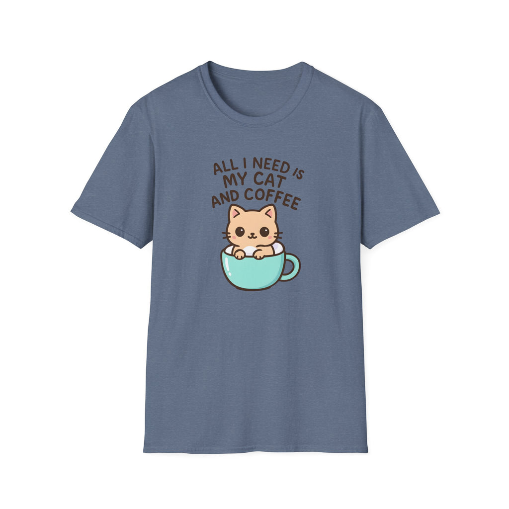 Cat and Coffee T‑Shirt — "All I Need Is My Cat and Coffee" Cute Cat in Mug Tee