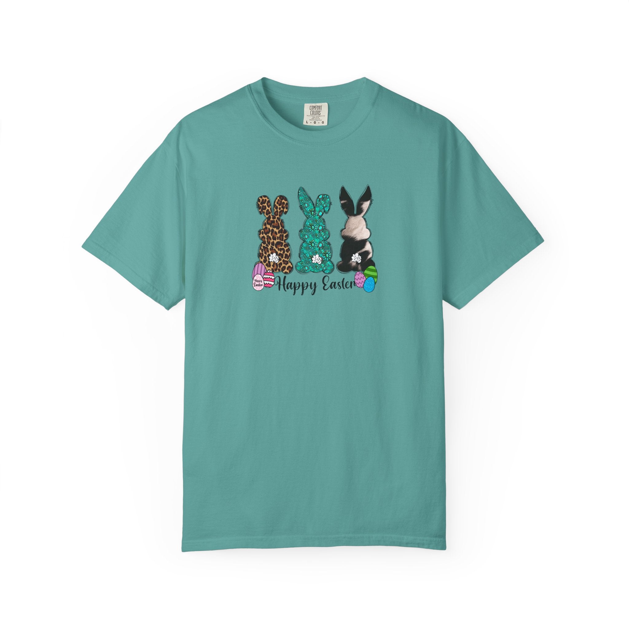 Easter Bunny Trio T-Shirt — "Happy Easter" Pastel Eggs Graphic