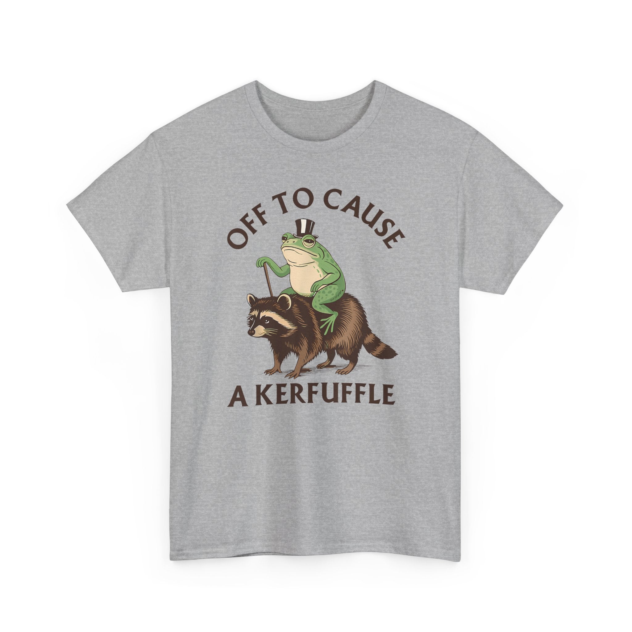 Off to Cause a Kerfuffle T-Shirt — Funny Frog Riding Raccoon Graphic Tee