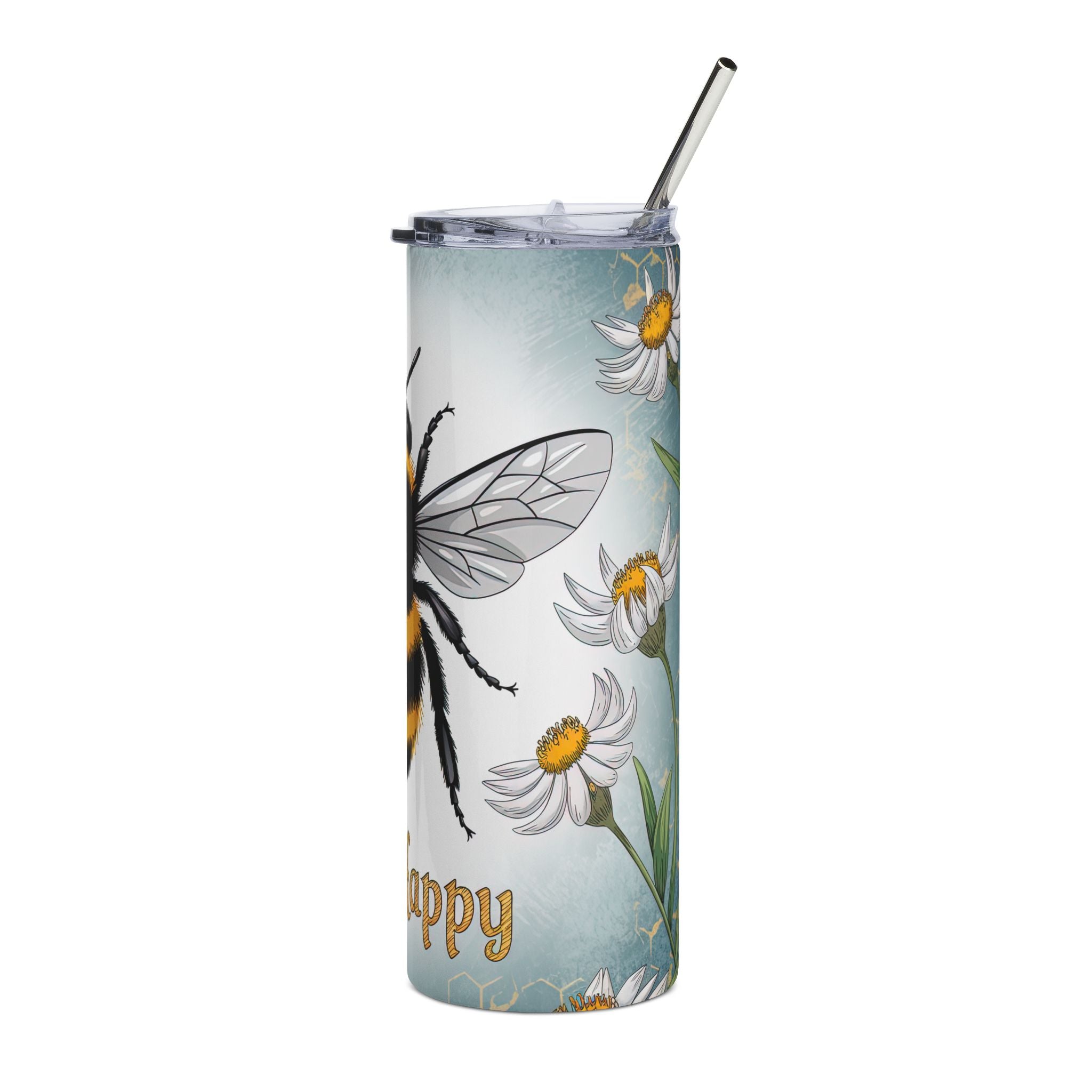 Bee Happy 20oz Stainless Steel Tumbler — Insulated Bumblebee Floral Travel Cup