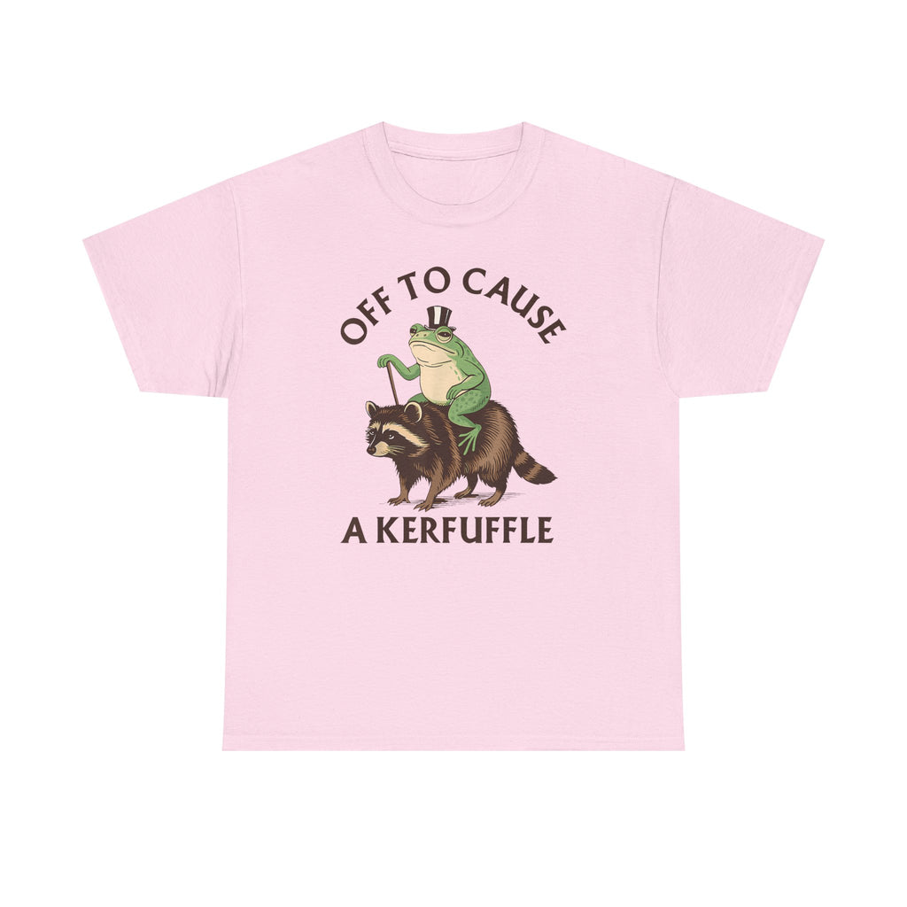 Off to Cause a Kerfuffle T-Shirt — Funny Frog Riding Raccoon Graphic Tee