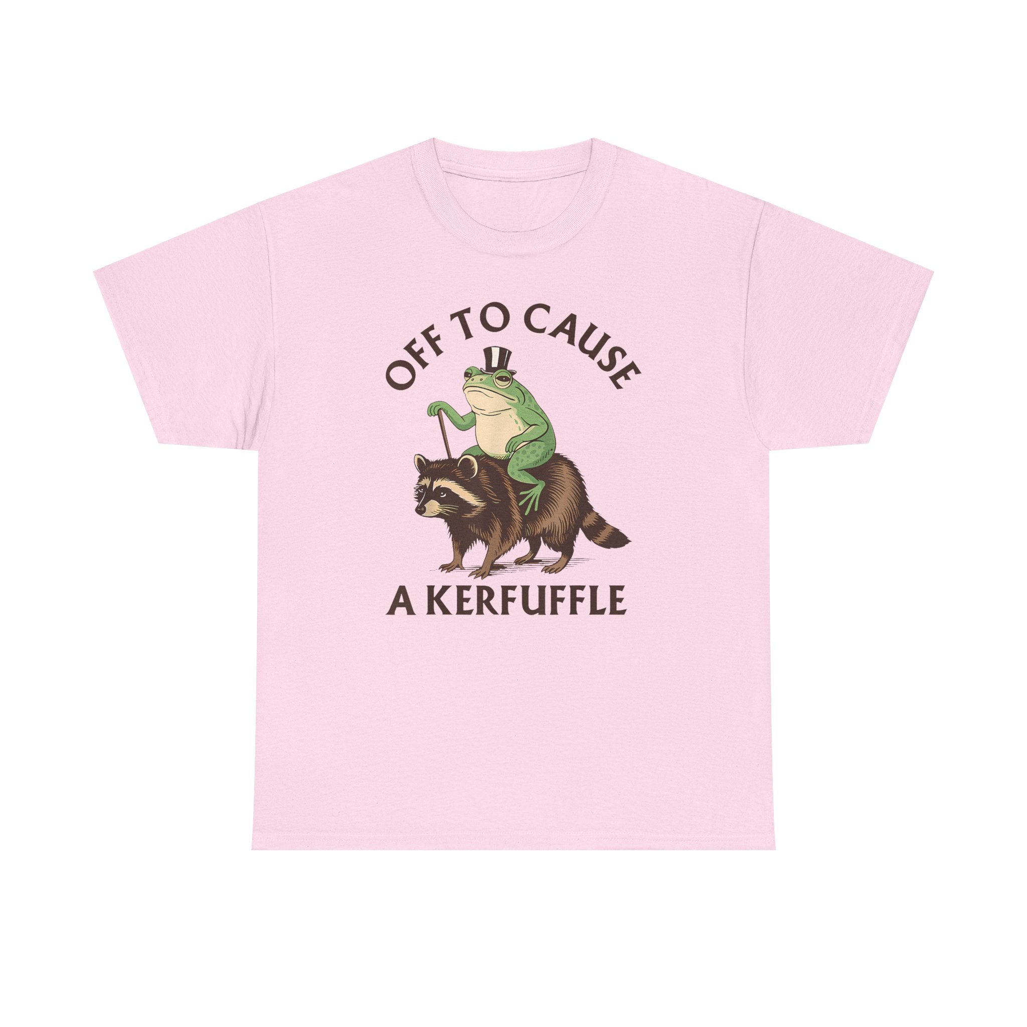 Off to Cause a Kerfuffle T-Shirt — Funny Frog Riding Raccoon Graphic Tee