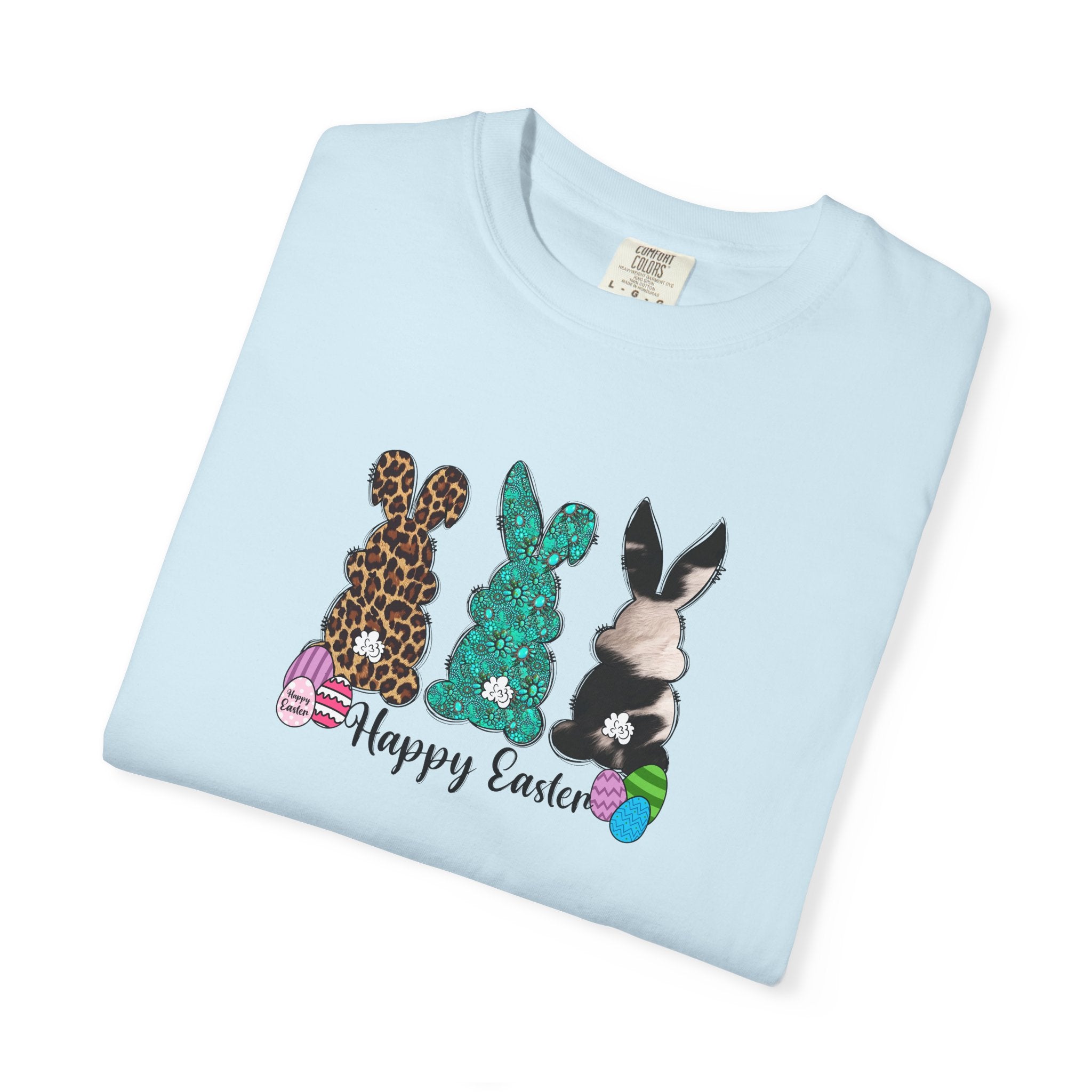 Easter Bunny Trio T-Shirt — "Happy Easter" Pastel Eggs Graphic