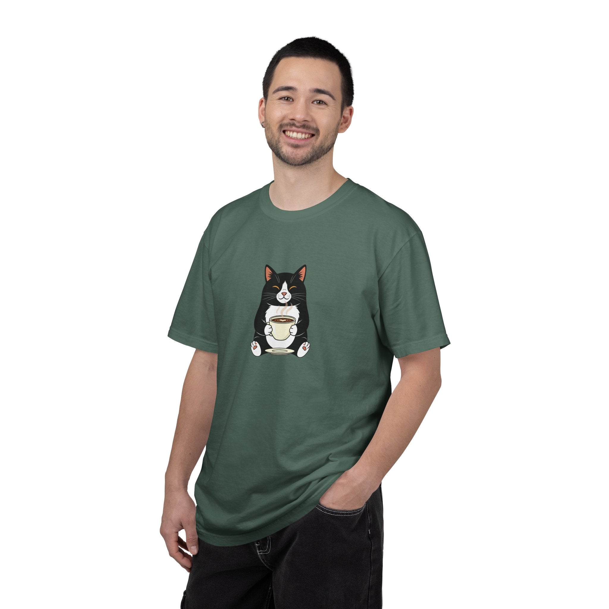 Tuxedo Cat Holding Coffee T-Shirt