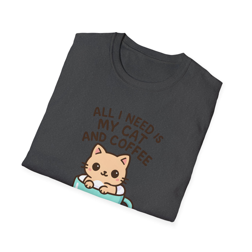 Cat and Coffee T‑Shirt — "All I Need Is My Cat and Coffee" Cute Cat in Mug Tee