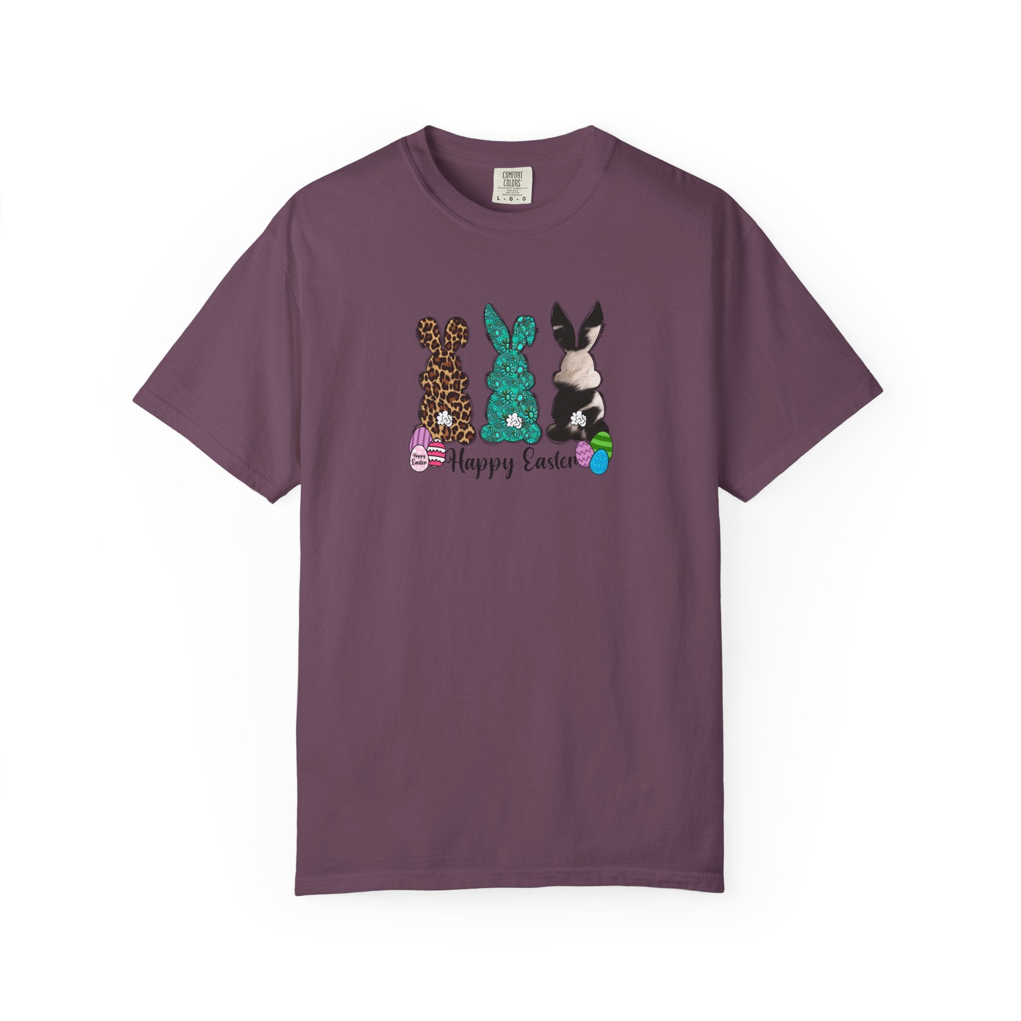 Easter Bunny Trio T-Shirt — "Happy Easter" Pastel Eggs Graphic