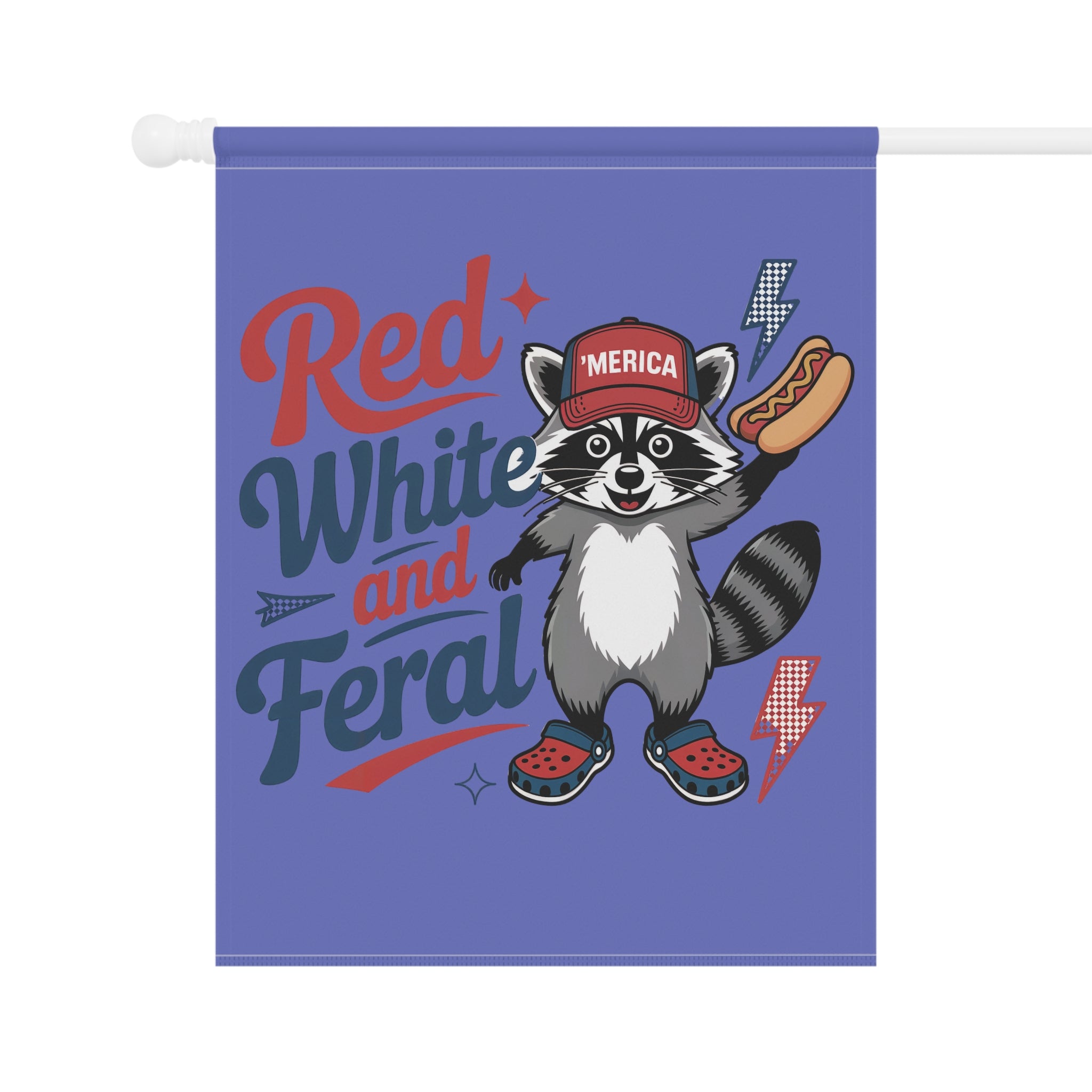 Red, White and Feral Garden Flag — Patriotic Raccoon House Banner