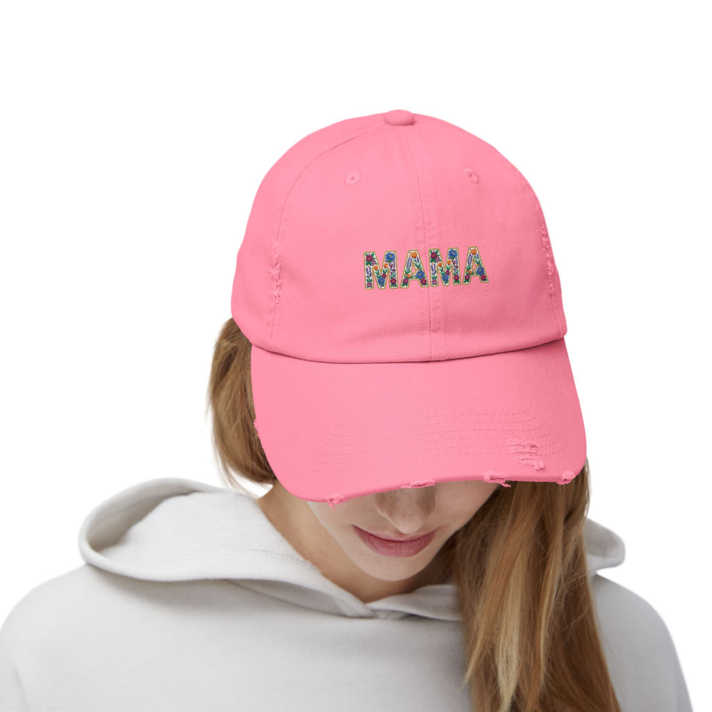 MAMA Distressed Baseball Cap — Floral Patch Mom Hat