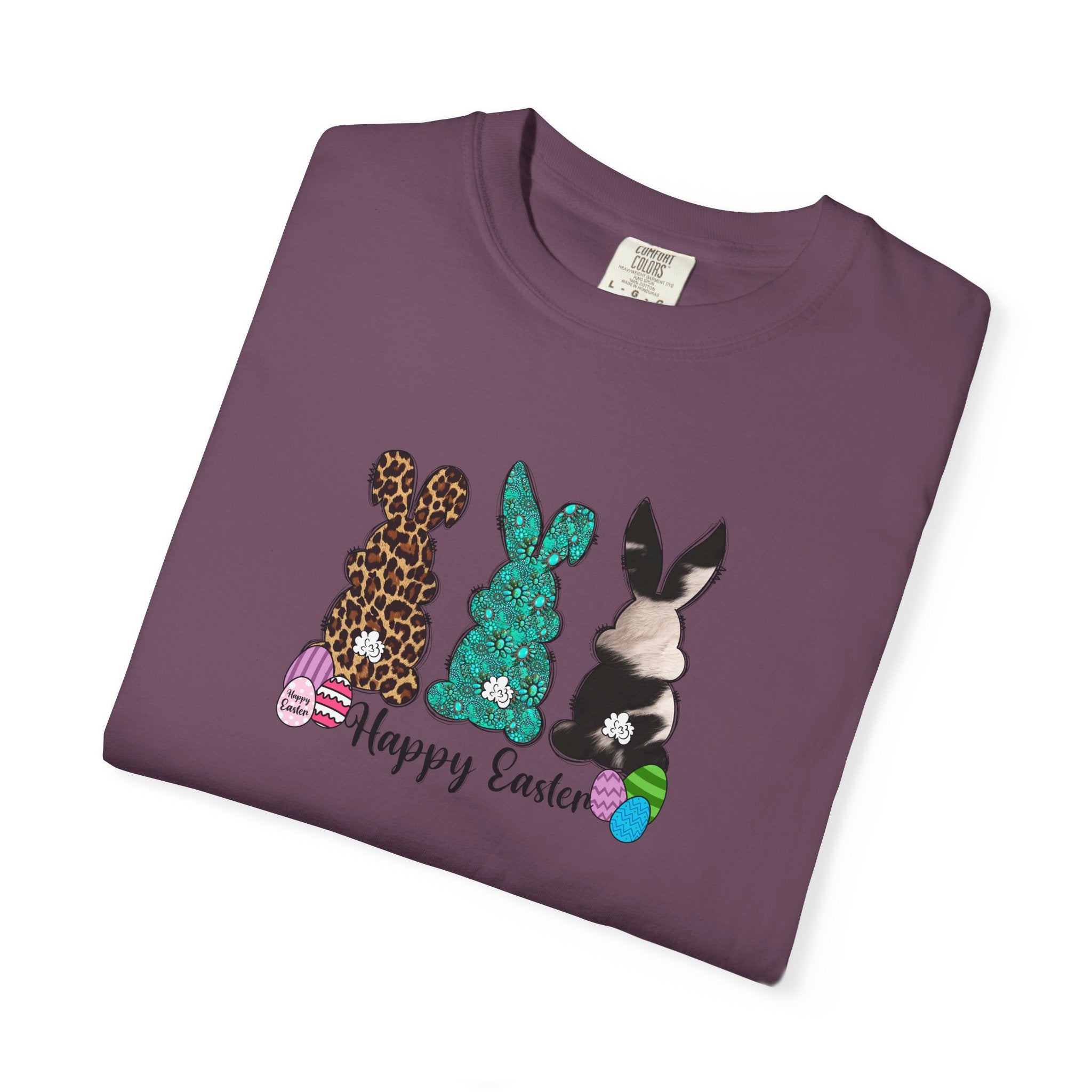 Easter Bunny Trio T-Shirt — "Happy Easter" Pastel Eggs Graphic